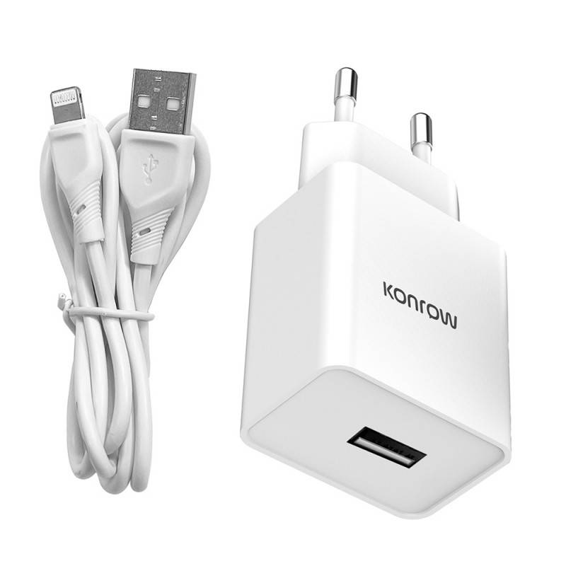 Konrow KK12AATL - Chargeur Secteur Complet (Adaptateur USB 12W & Câble Lightning détachable, 1m) Blanc (Compatible, Blis-2