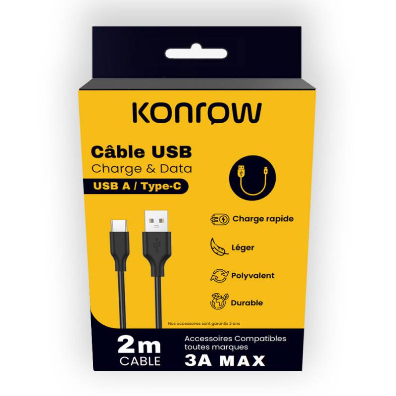 Konrow KCATCPB2 - Câble USB Type C vers Type A (2m, Noir) - Emballage Original-0