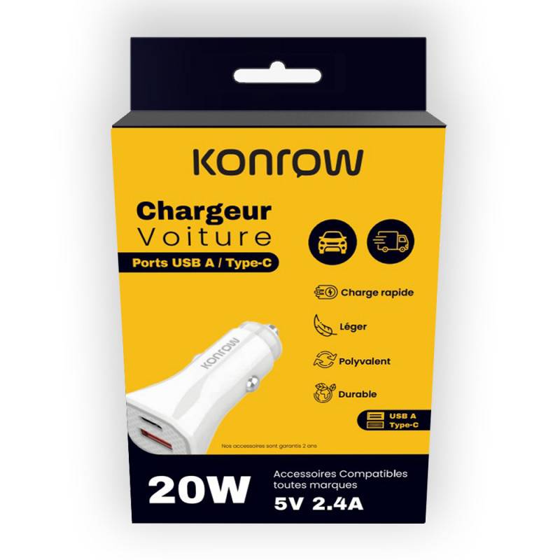 Konrow KCC20ACW - Adaptateur Allume-cigare 1 Port USB A & 1 Port USB Type C - Charge rapide 20W, Blanc (Compatible, Blis-0