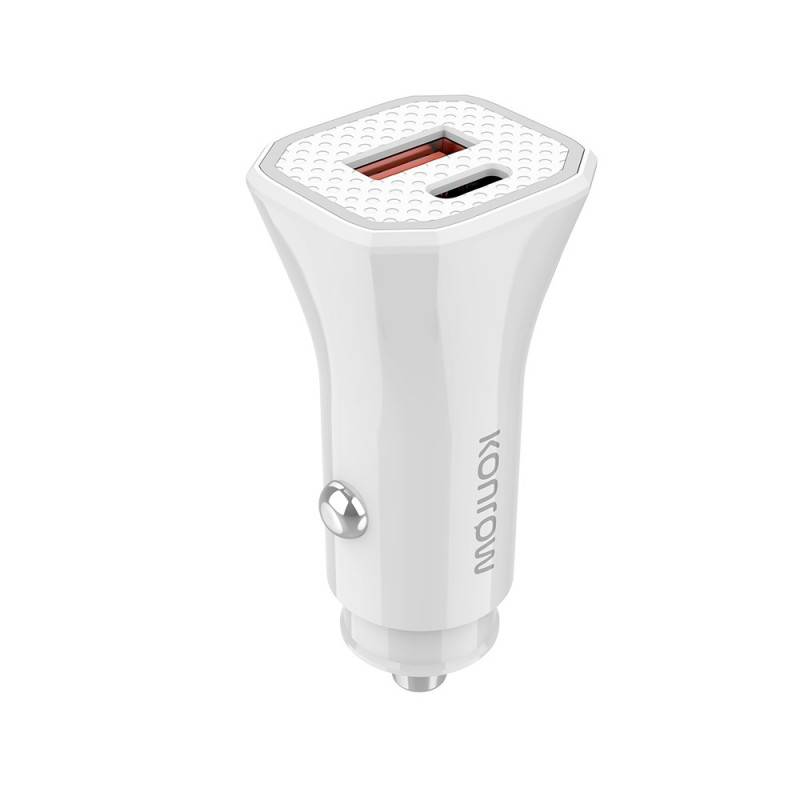 Konrow KCC20ACW - Adaptateur Allume-cigare 1 Port USB A & 1 Port USB Type C - Charge rapide 20W, Blanc (Compatible, Blis-1