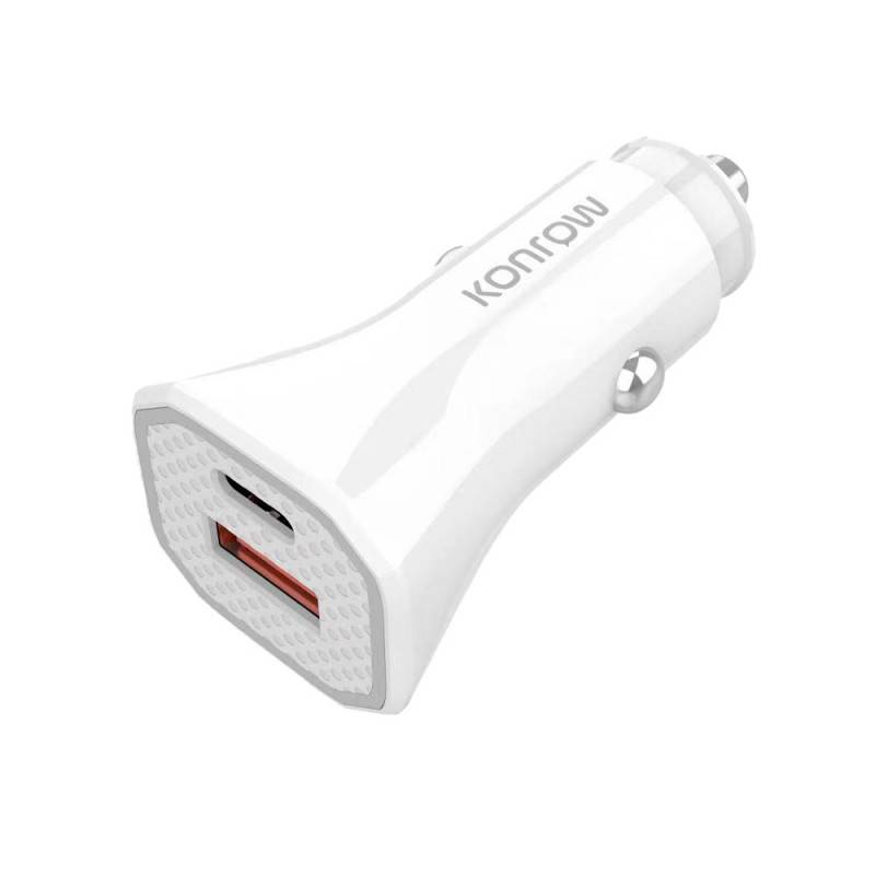 Konrow KCC20ACW - Adaptateur Allume-cigare 1 Port USB A & 1 Port USB Type C - Charge rapide 20W, Blanc (Compatible, Blis-3