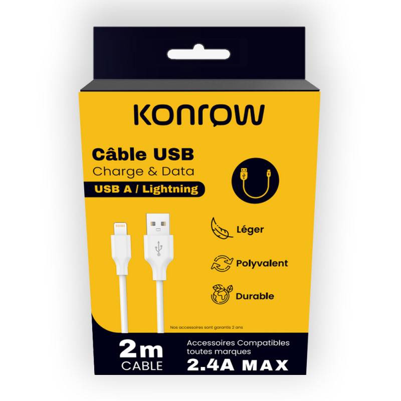 Konrow KCATLPW2 - Câble USB Lightning vers Type A (2m, Blanc) - Emballage Original-0