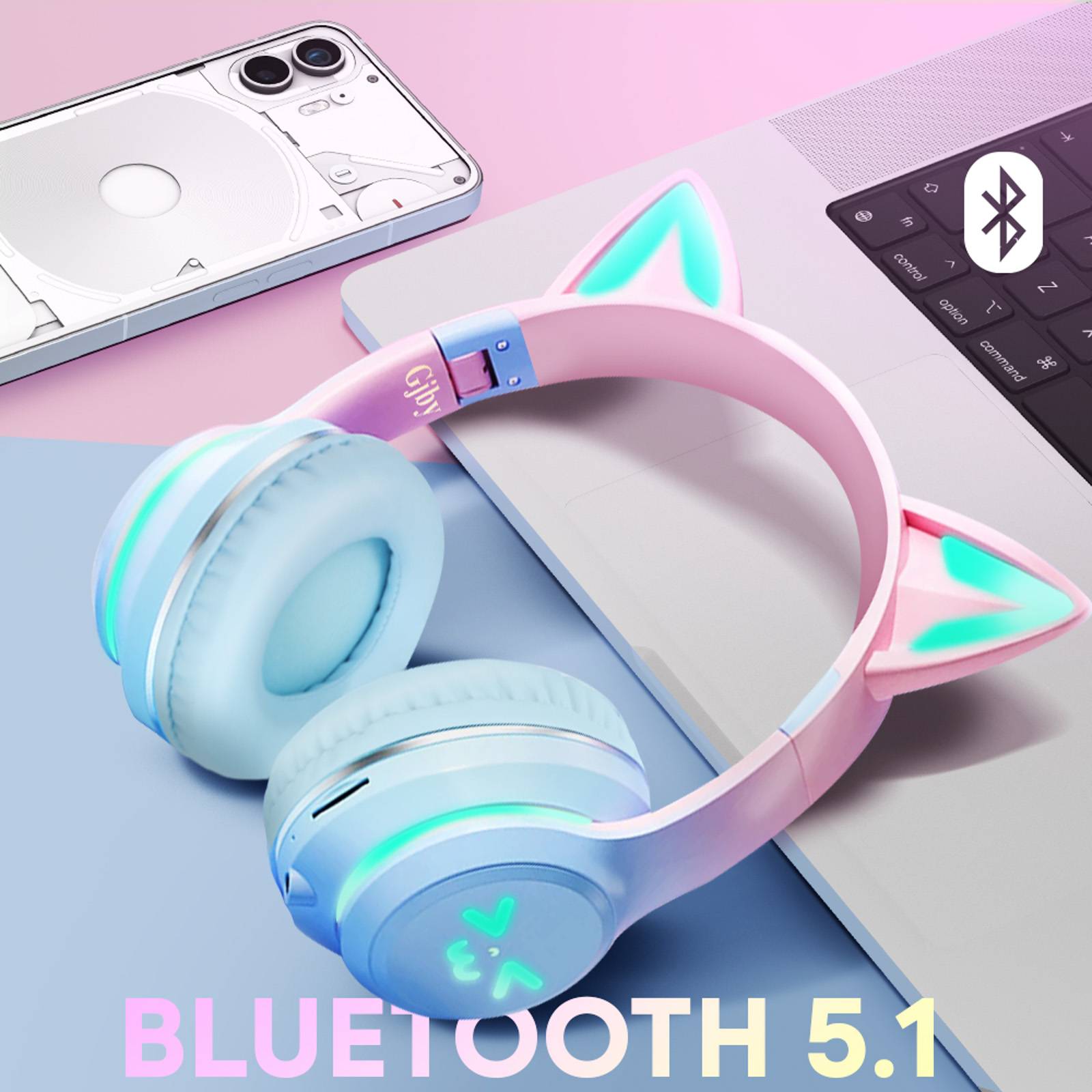 Casque Bluetooth Oreilles de Chat Lumineuses-3