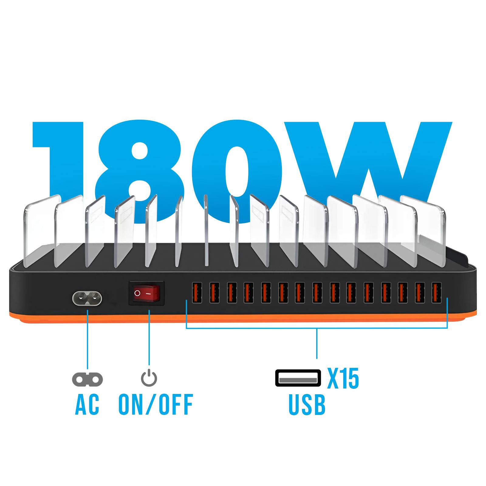Station de Charge 180W 15 Ports USB avec Ventilation et Support-2