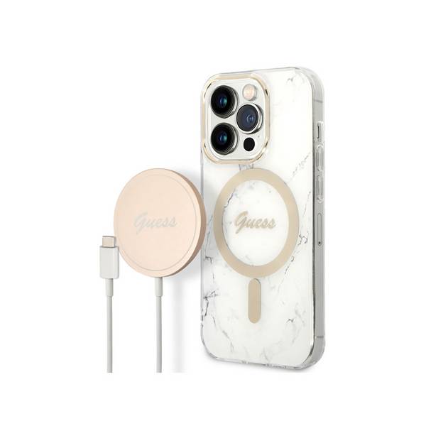 Bundle Coque pour iPhone 14 Pro Max Motif Marbré et Chargeur Sans Fil Qi Magsafe
