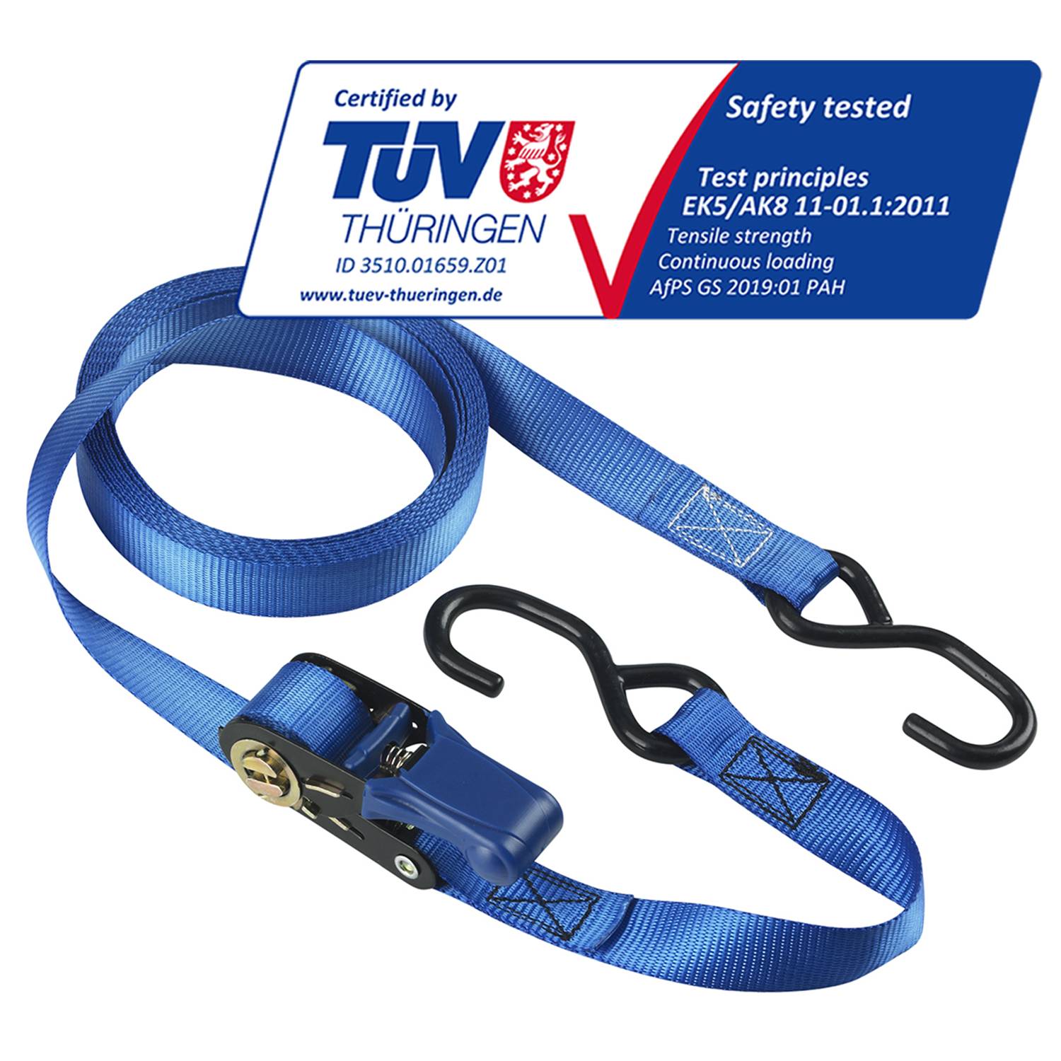 Master Lock 4366EURDAT Sangle d'Arrimage avec Crochets et Cliquet, Bleu, 5m x 25mm Sangle-1