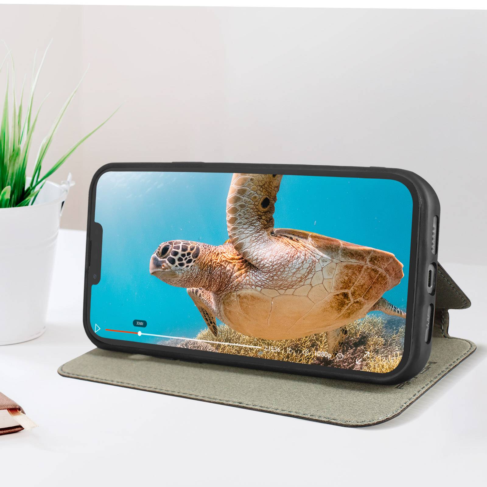 Étui pour iPhone 13 Pro Max Cuir Véritable Porte-carte Support Vidéo-2