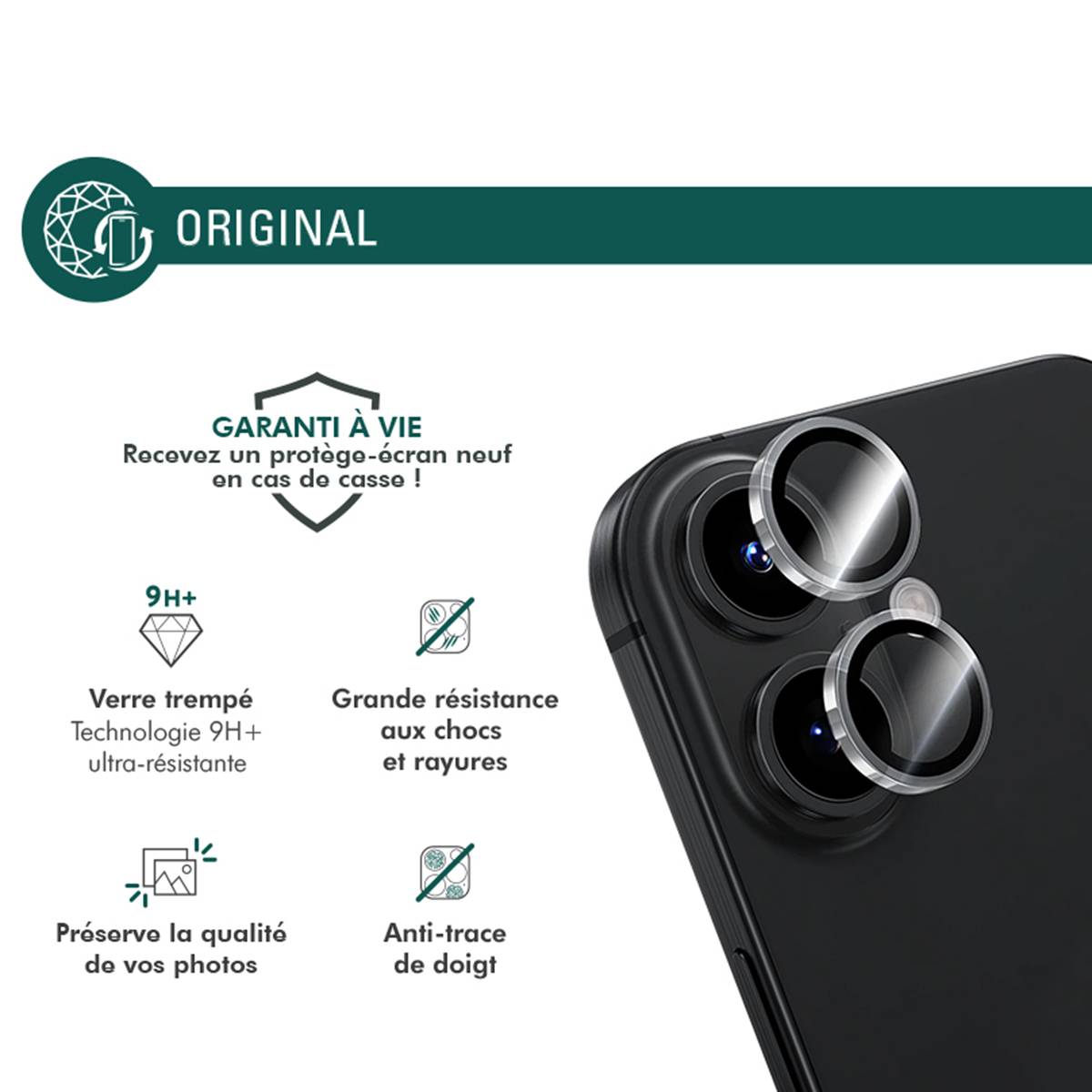 2 Protège-Lentilles Caméra pour iPhone 16 / 16 Plus en Verre Trempé Plat 9H+-1