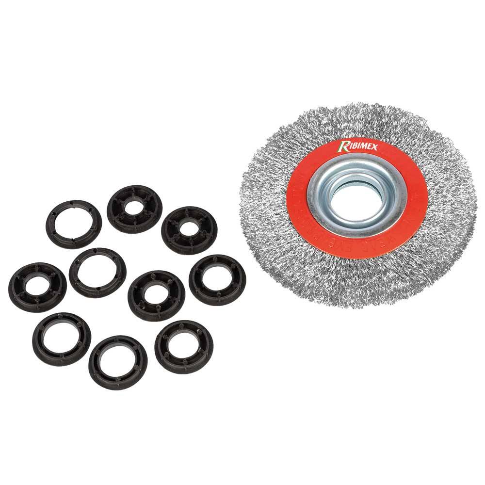 Brosse métallique pour touret diamètre 150mm avec 5 bagues-0