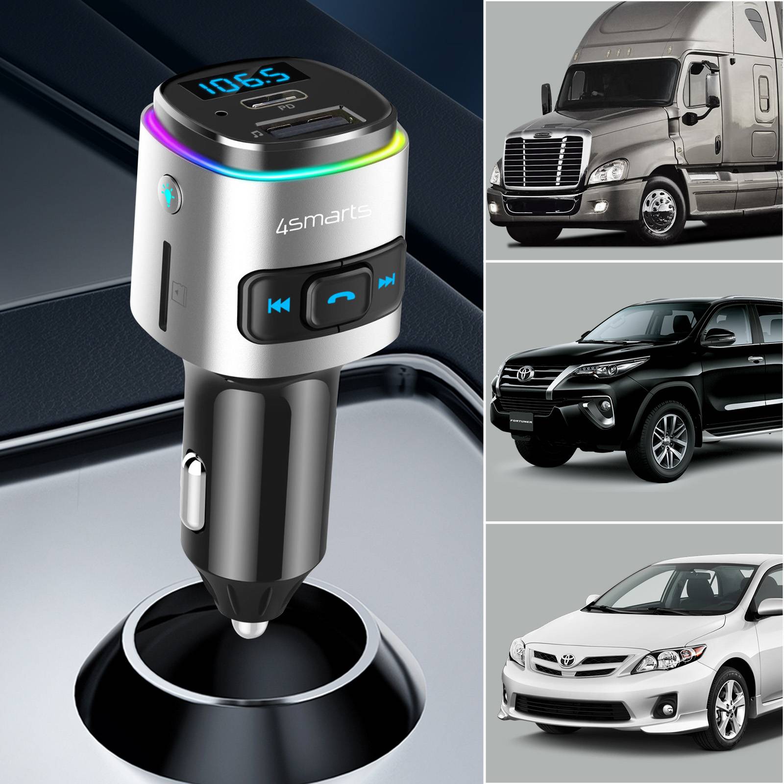 Transmetteur FM Bluetooth avec Chargeur Voiture USB et USB-C PD 18W-3
