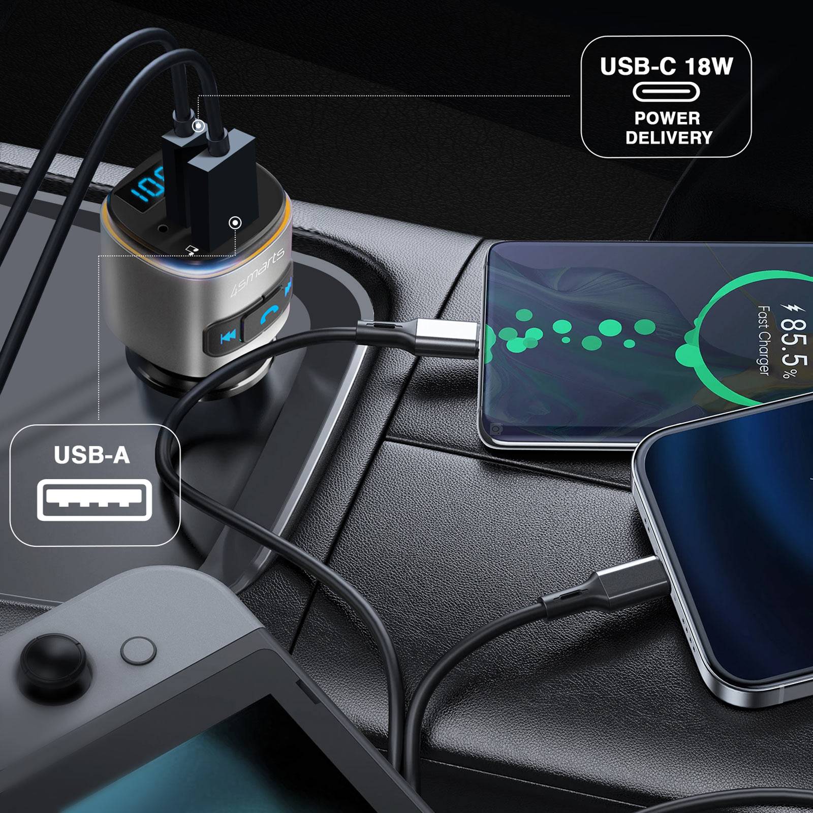 Transmetteur FM Bluetooth avec Chargeur Voiture USB et USB-C PD 18W-4