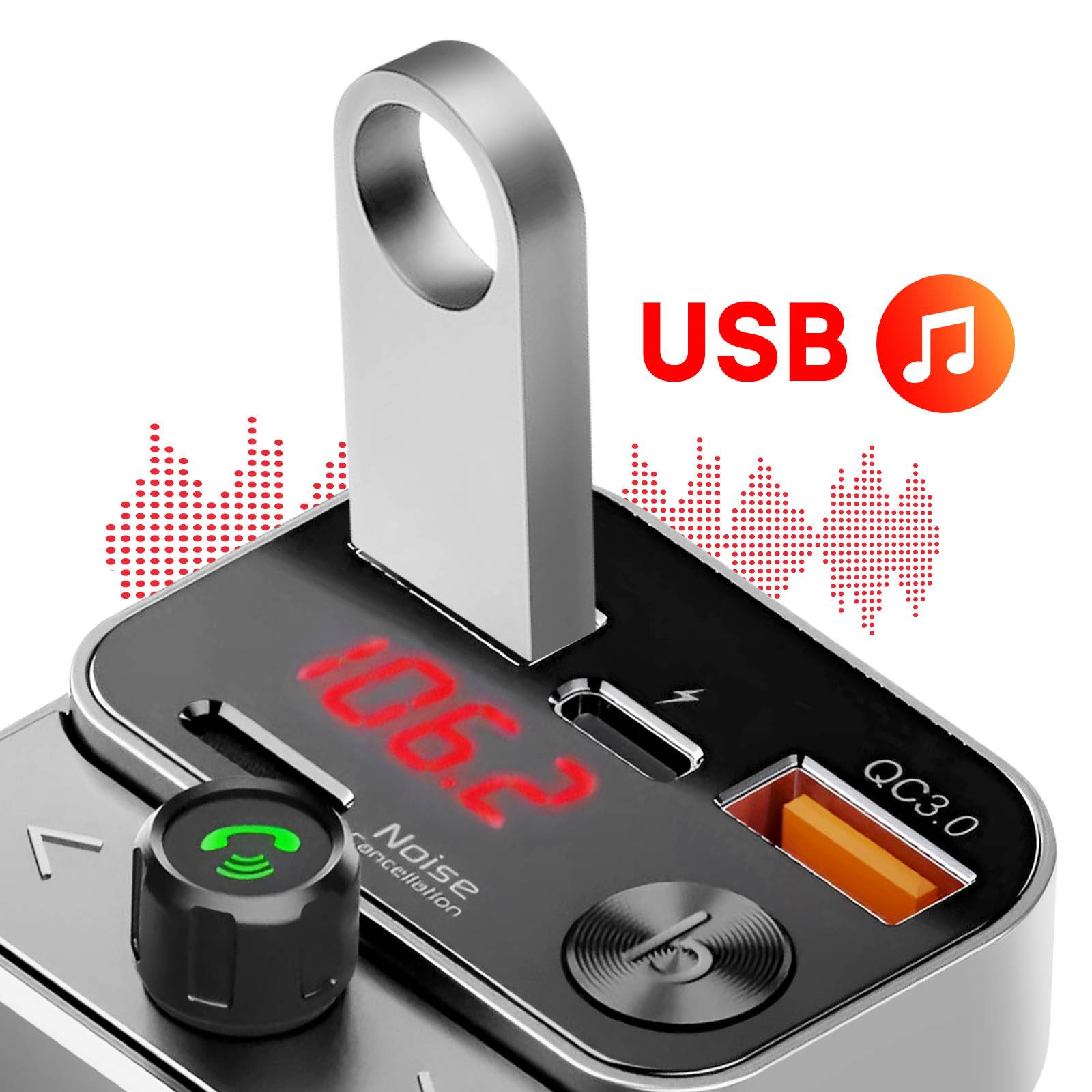 Transmetteur FM Voiture Bluetooth Diffusion Musique Chargeur USB C USB-3