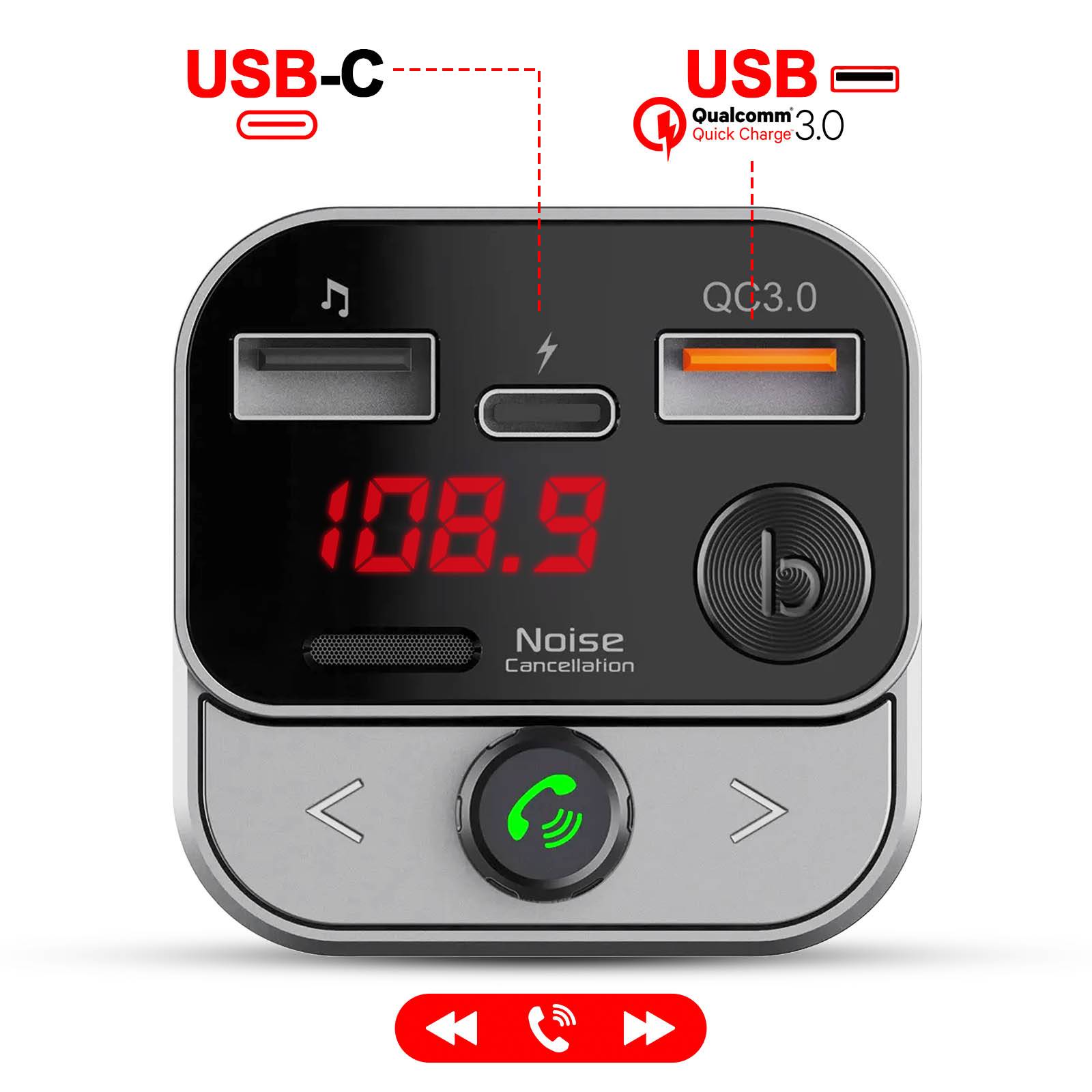 Transmetteur FM Voiture Bluetooth Diffusion Musique Chargeur USB C USB-4