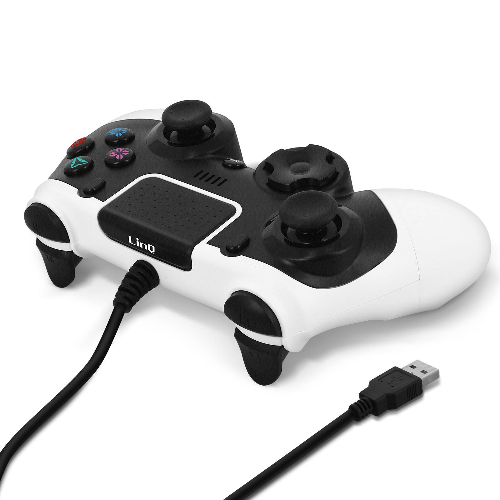 Manette PS4 / PC Filaire USB Vibration Sixaxis Boutons Réactifs LinQ Noir Blanc-0
