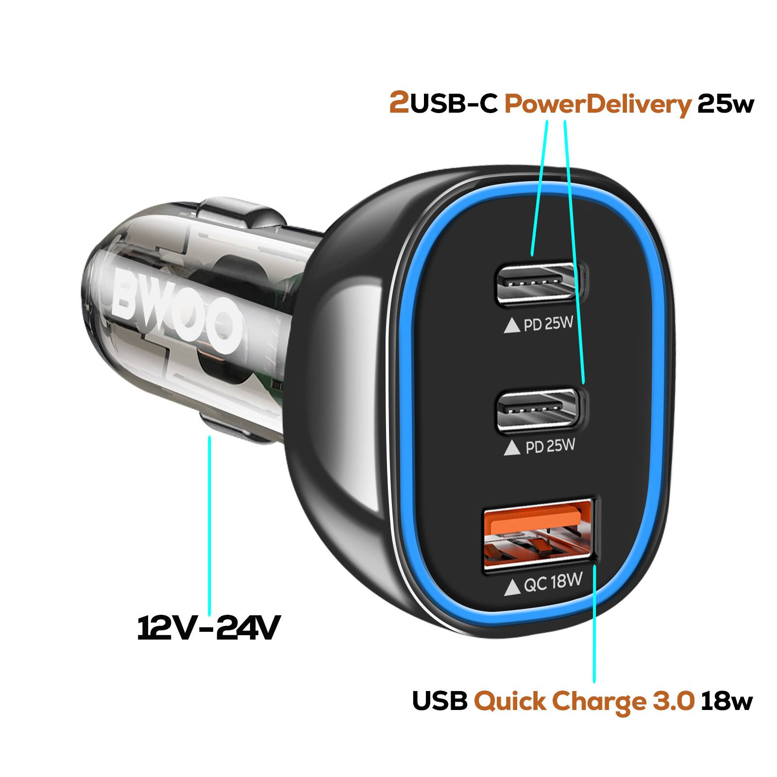 Chargeur Voiture USB-C 25W + USB 18W Charge Rapide Éclairage LED-2