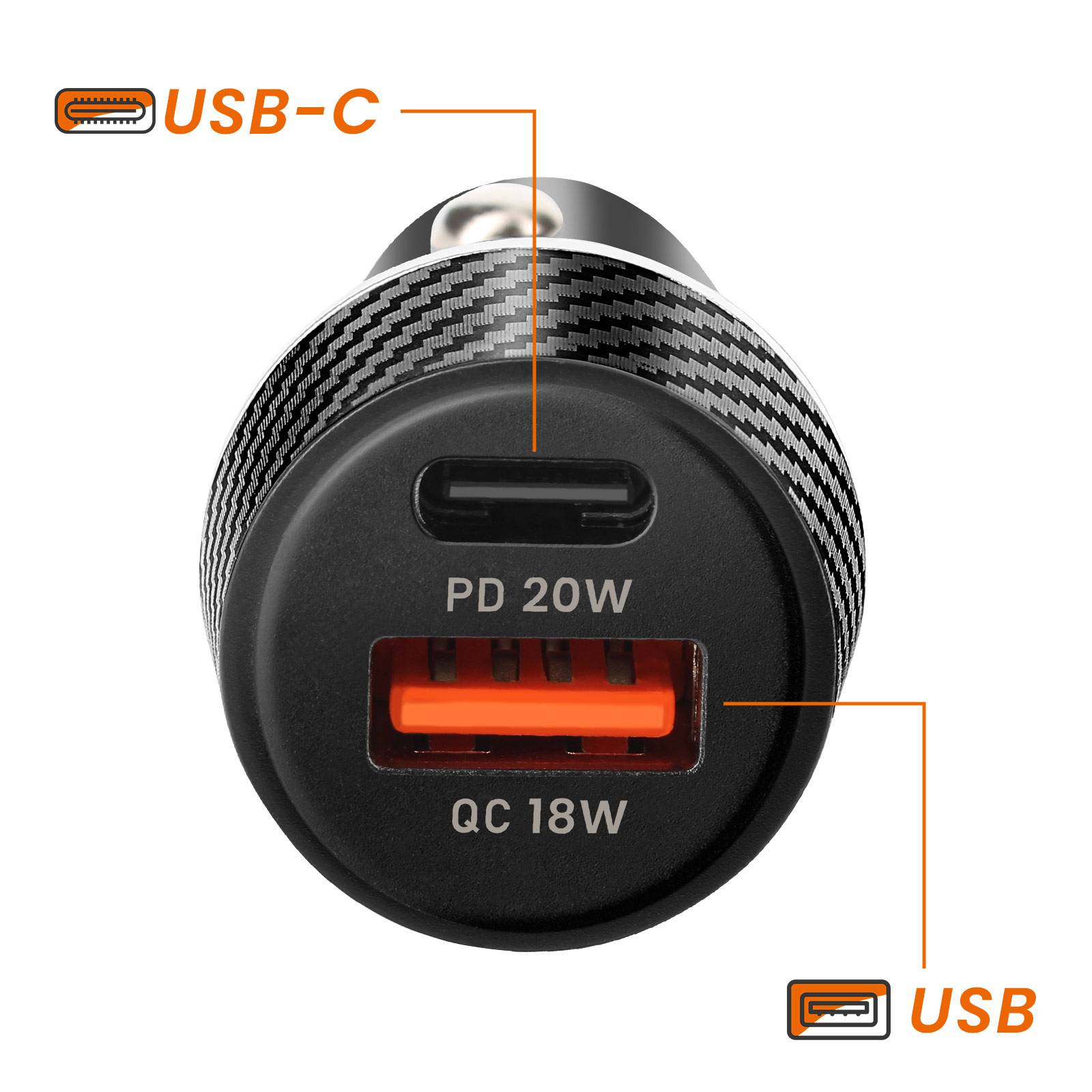 Chargeur Voiture 38W USB-C + USB Charge Rapide Design Carbone-2