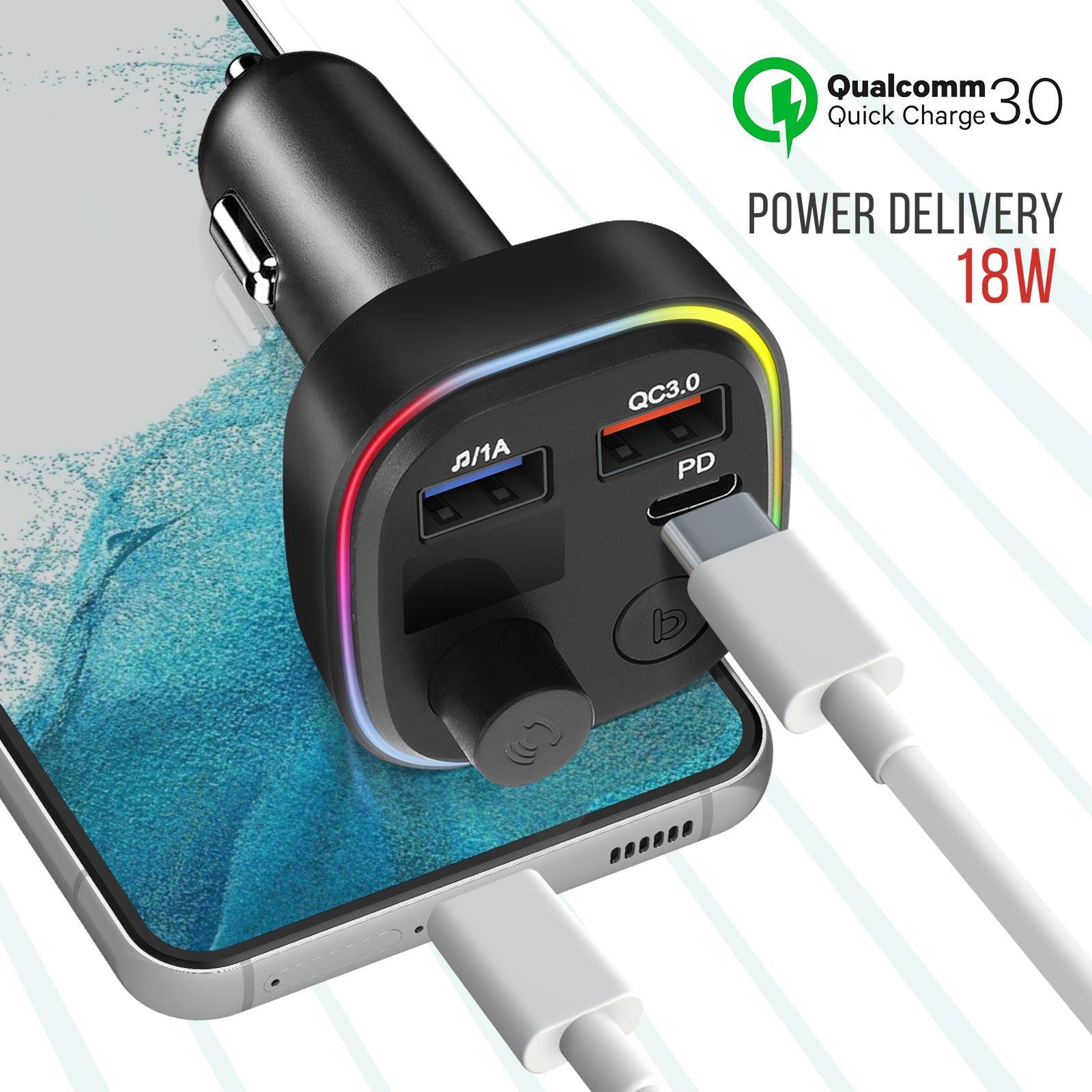 Transmetteur FM Bluetooth avec Chargeur Voiture USB QC 3.0 et USB-C 18W C2-3
