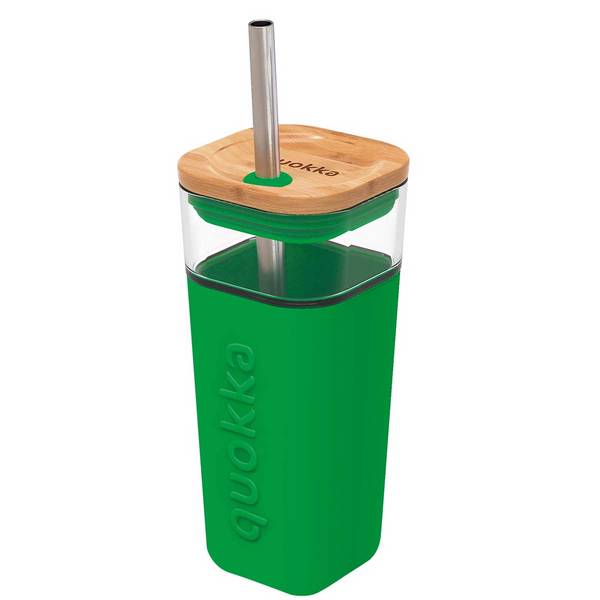 Mug en Verre 540 ml avec Couvercle en Bambou et Paille Inox