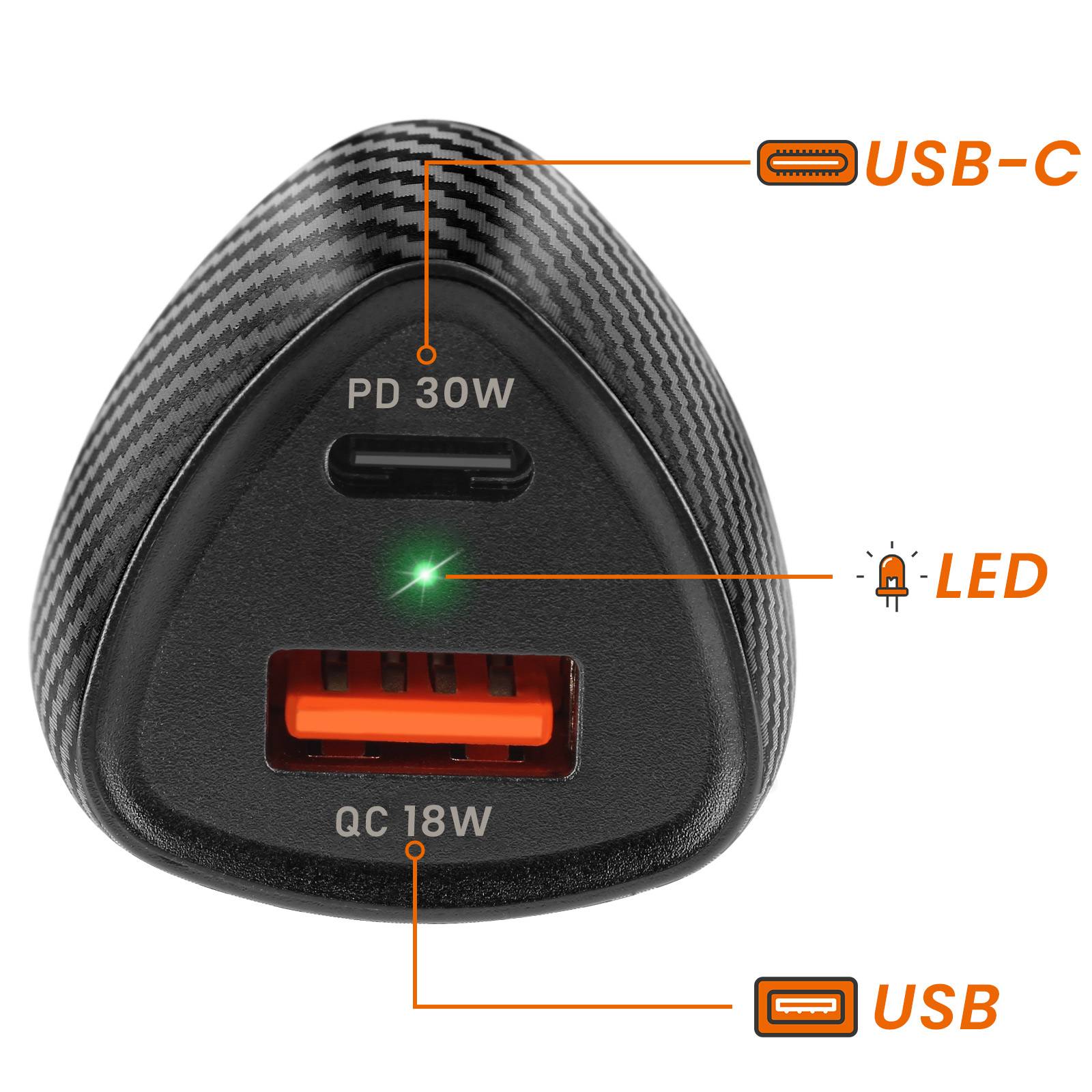Chargeur Voiture 48W USB-C + USB Charge Rapide Design Carbone-2