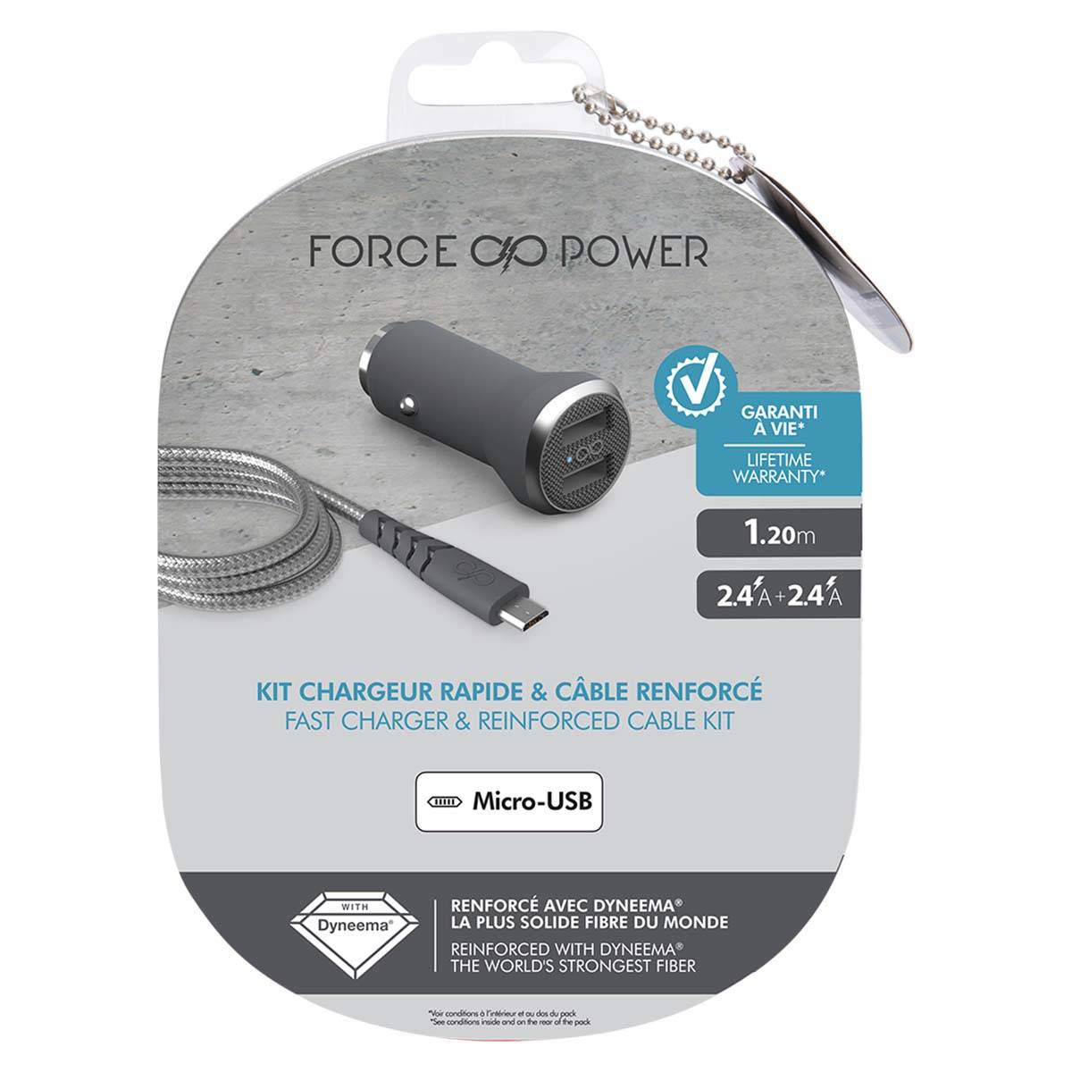 Chargeur voiture 4.8A (2.4+2.4A) IC Smart + Câble renforcé USB A/micro USB-3