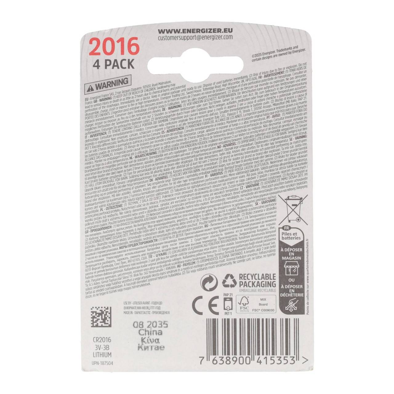 Pile bouton Energizer au lithium, CR2016, 3 V, emballage blister (lot de 4)-1