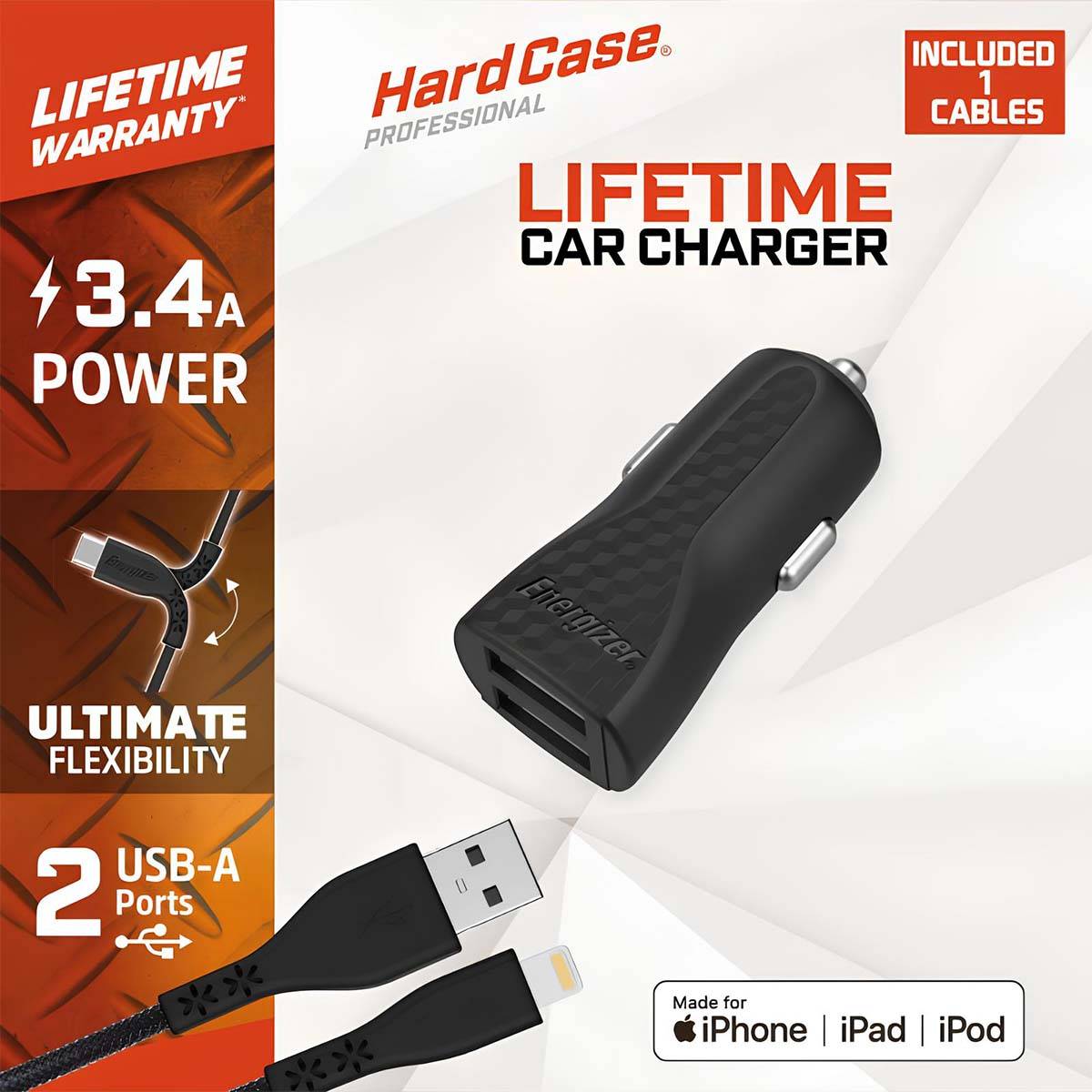 Chargeur Allume-Cigare 2 USB 17W 3.4A HardCase avec Câble Lightning vers USB-2