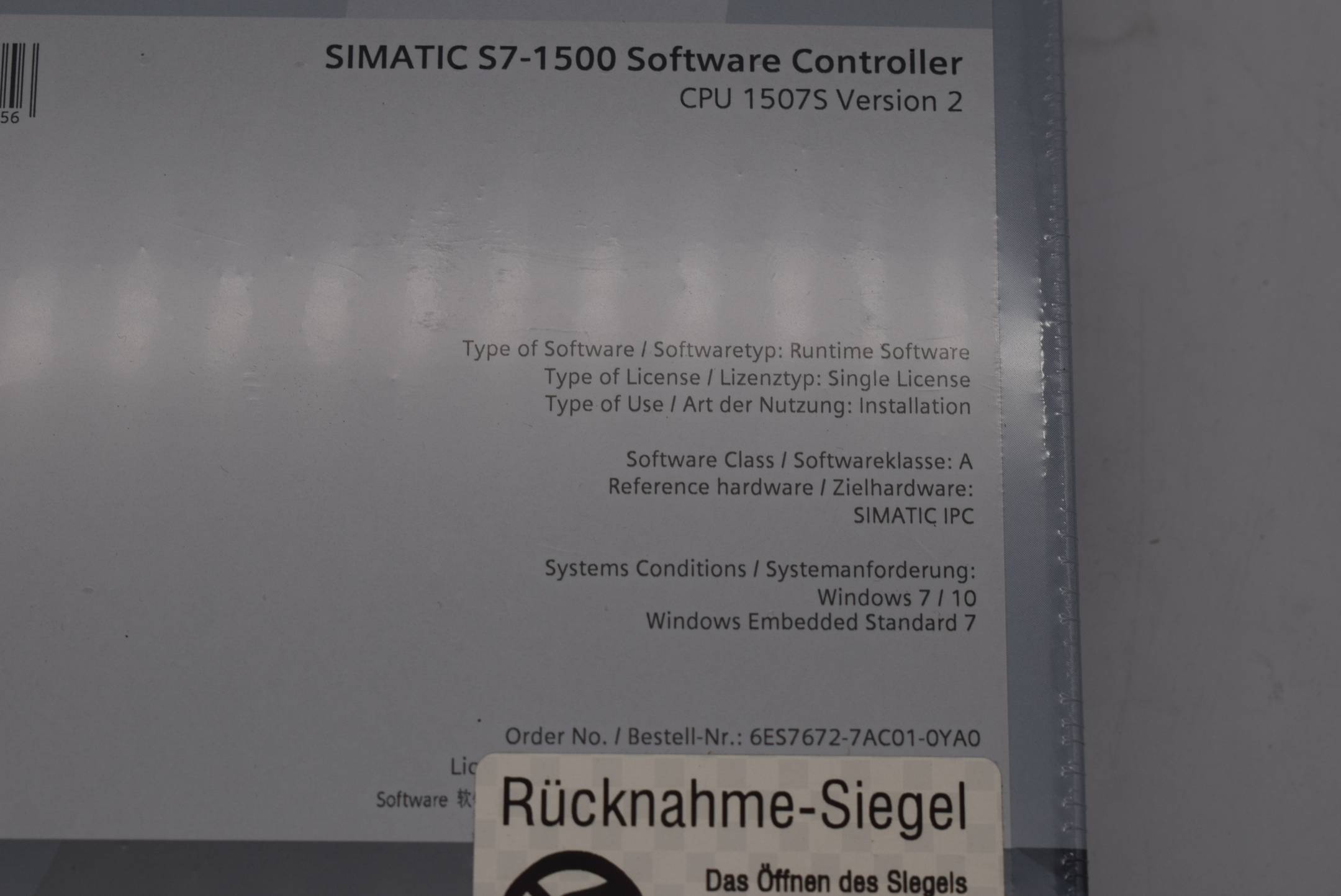 Siemens 6ES7672-7AC01-0YA0 - SIMATIC S7-1500, Contrôleur logiciel CPU 1507S Sin-2