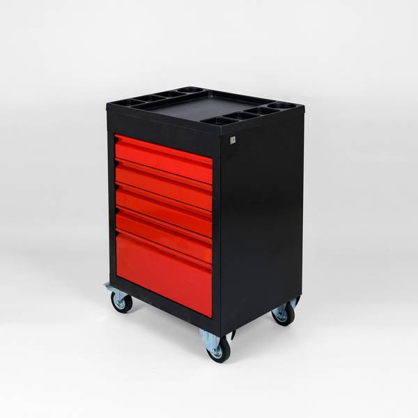 Servante d'atelier Pro 5 tiroirs  Métal renforcé, NoirRouge verrouillage central, roues pivotantes freinées, bac de ra