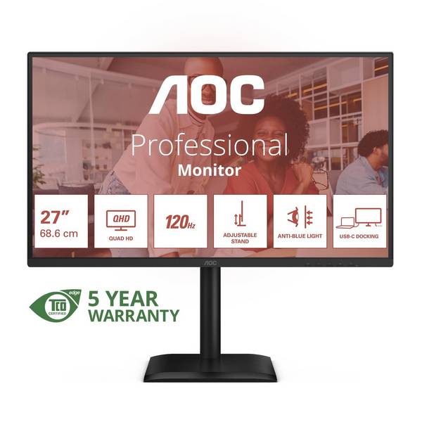 AOC E4 Q27E4CV, 68,6 cm (27"), 2560 x 1440 pixels, Quad HD, LED, 4 ms, Noir