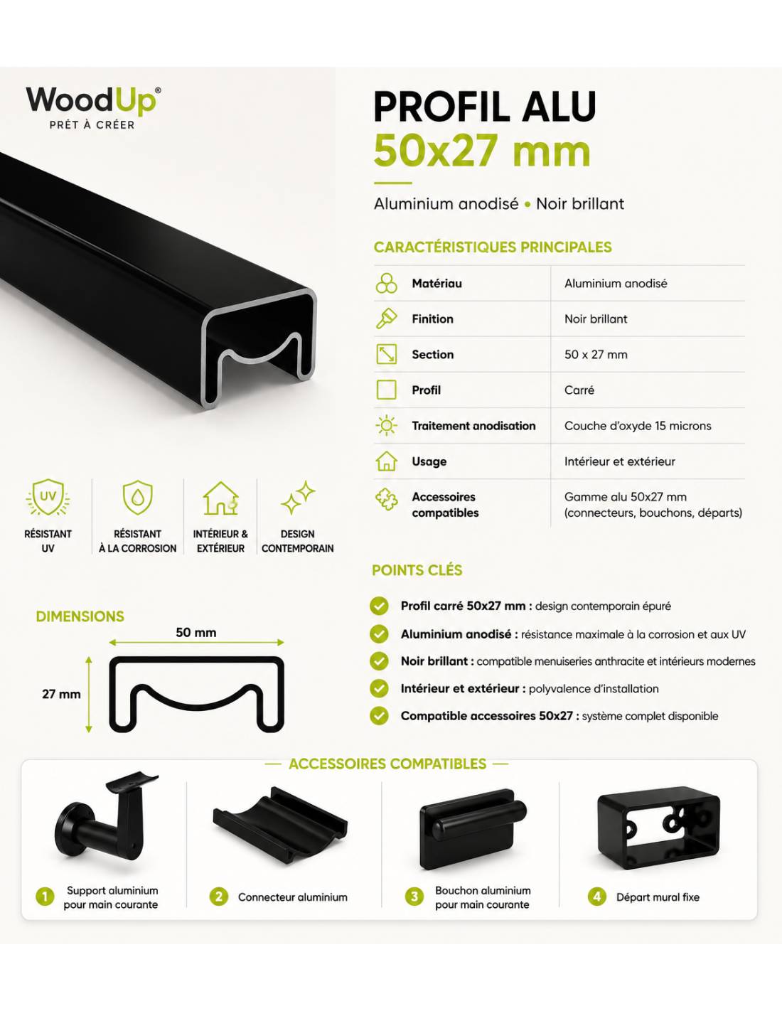 Main Courante Carrée Aluminium Noir Brillant 50x27 Mm L 200 Cm-2