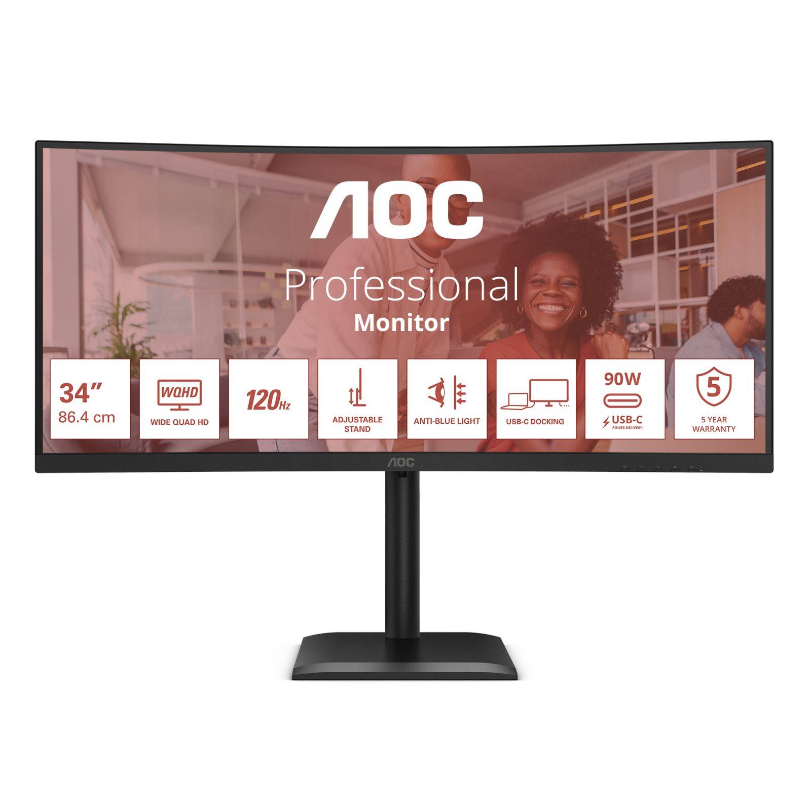 AOC CU34E4CV - Écran incurvé - 34i - 3440 x 1440 UWQHD 120 Hz - VA - 3500:1 - HDR10 - 4 ms - 2xHDMI DP USB-C -HP- GAR 5-0