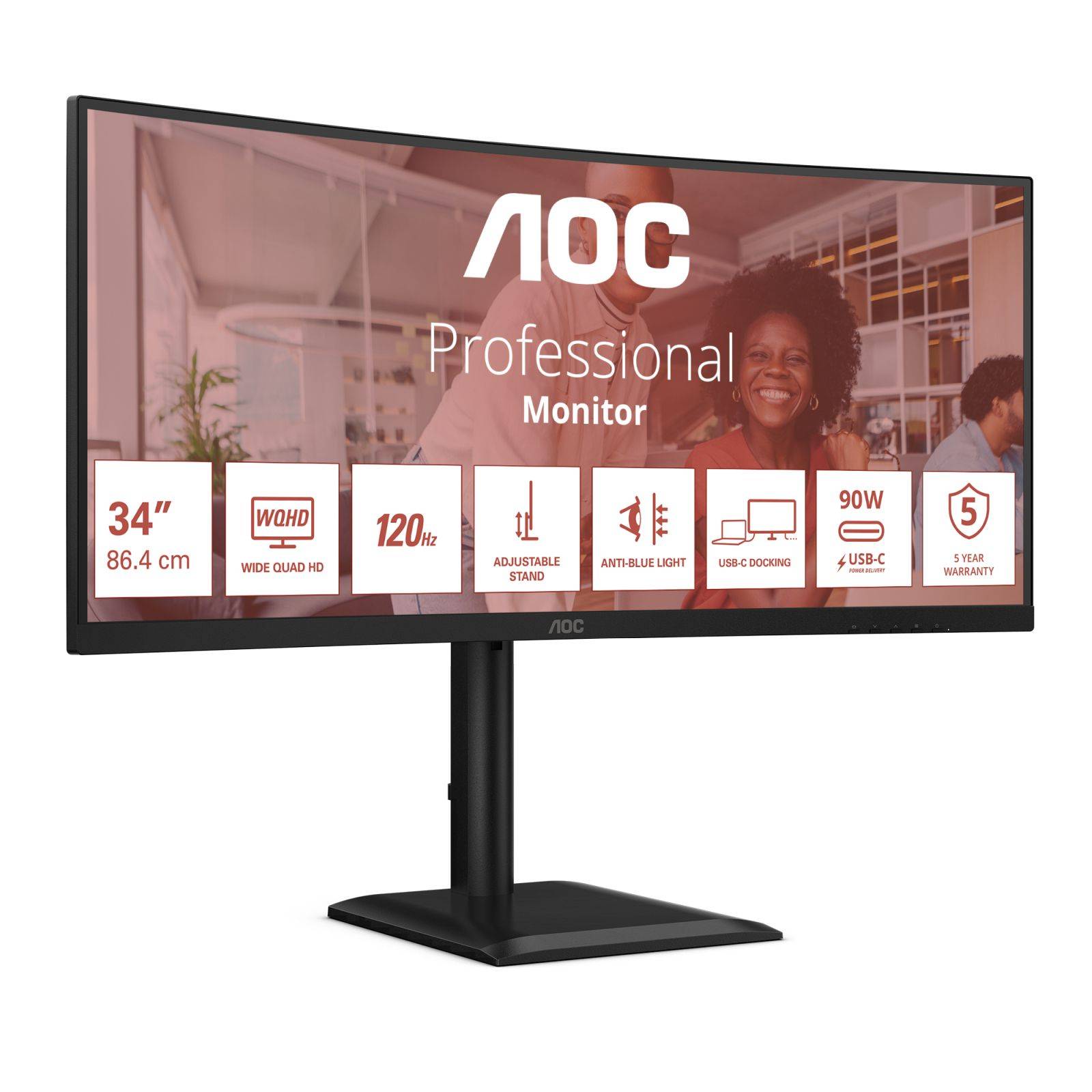 AOC CU34E4CV - Écran incurvé - 34i - 3440 x 1440 UWQHD 120 Hz - VA - 3500:1 - HDR10 - 4 ms - 2xHDMI DP USB-C -HP- GAR 5-2