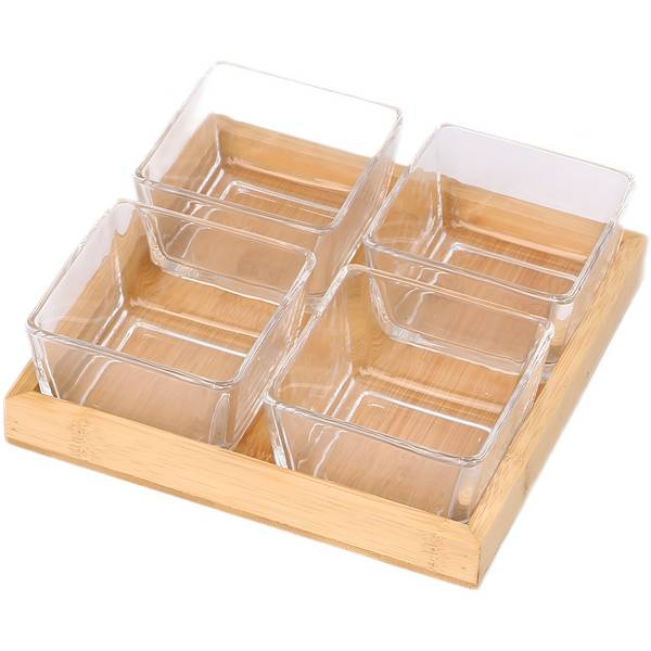 Coffret 4 Bols en Verre avec Base Bambou Naturel Solide et Pratique