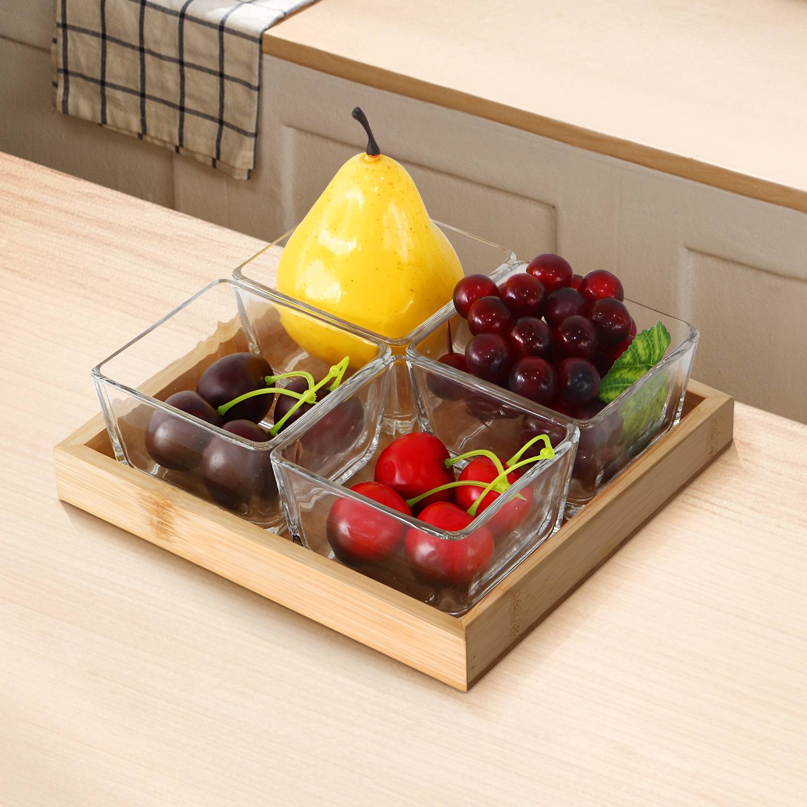 Coffret 4 Bols en Verre avec Base Bambou Naturel Solide et Pratique-1