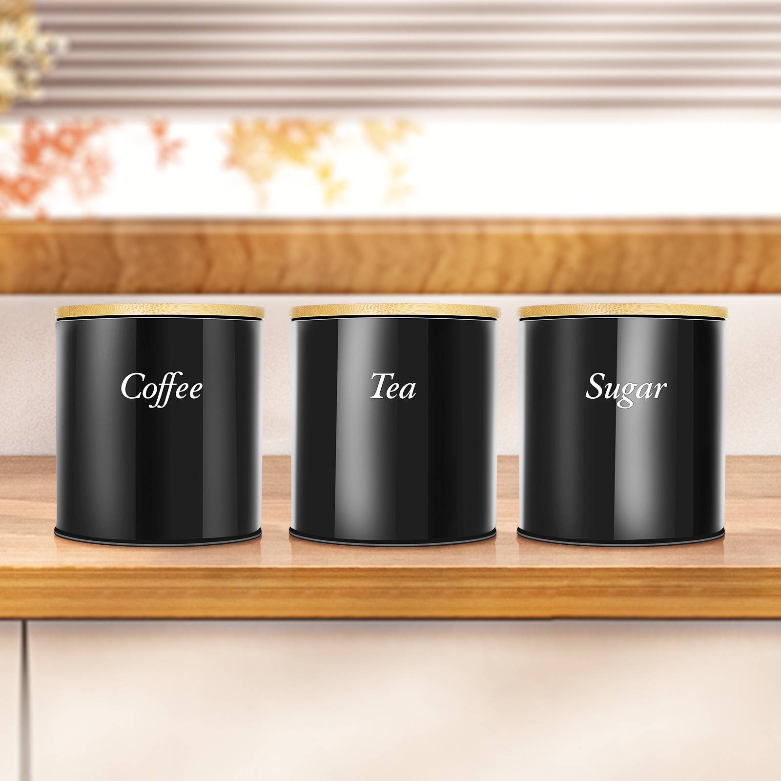 Ensemble 3 Boîtes Inox avec Couvercle Bambou pour Café Sucre Thé-1