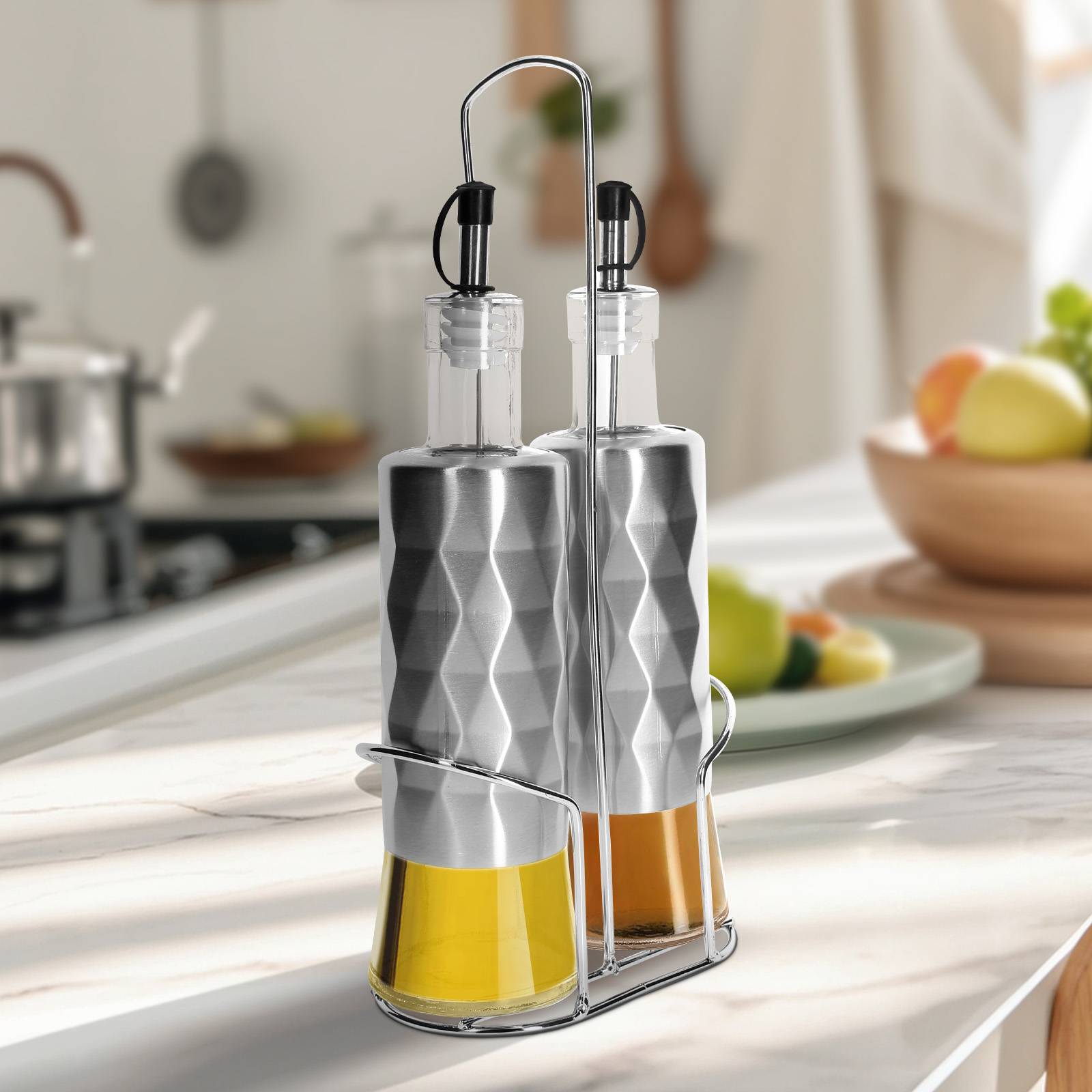 Bouteilles en Inox Verre pour Huile Vinaigre 2x320ml avec Support Solide-1