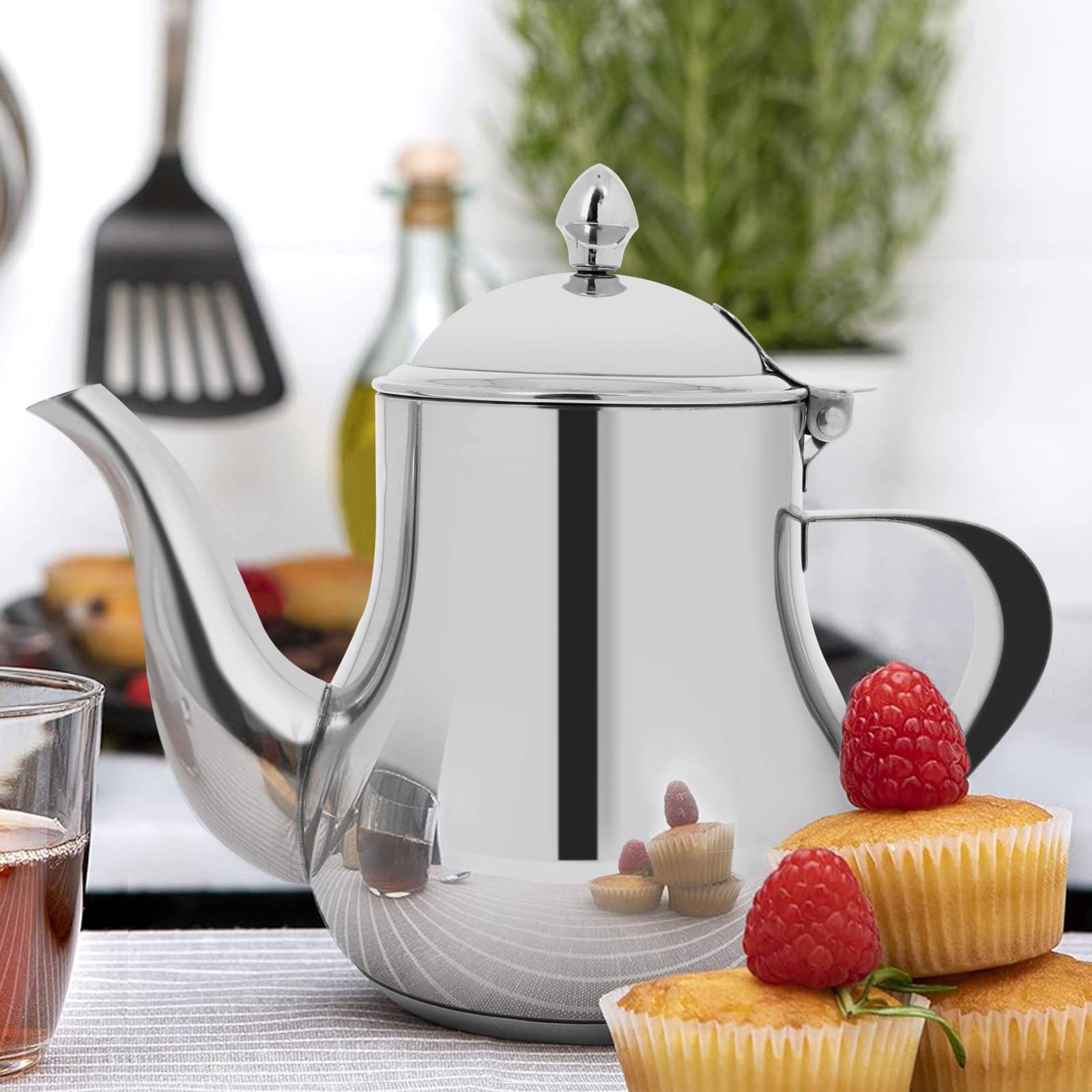 Théière en Acier Inox Capacité 1,2L avec Bec Verseur et Couvercle-1