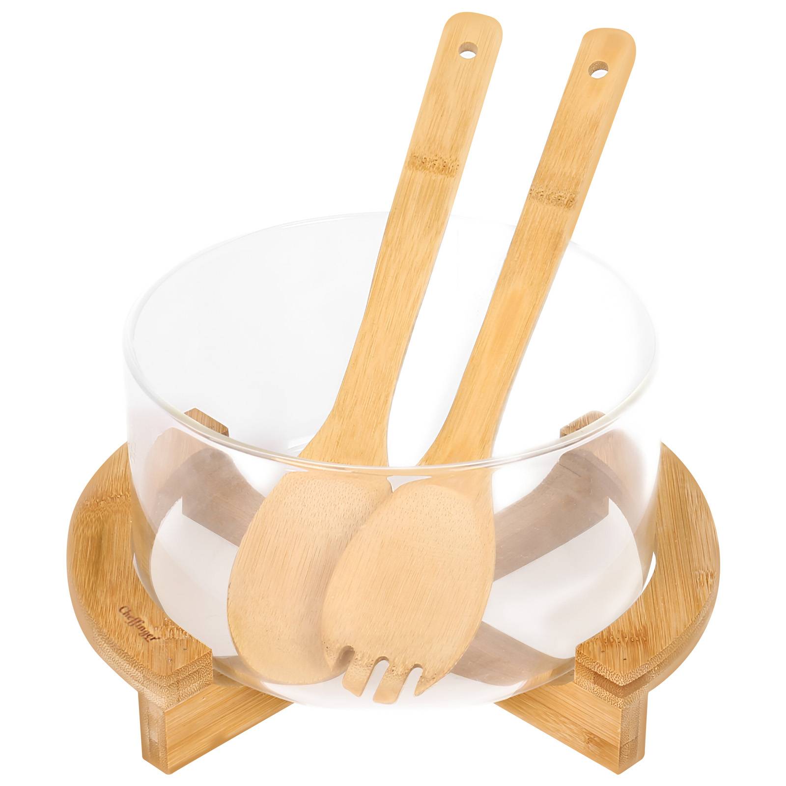Saladier en Verre Base Bambou avec Ustensiles Inclus Ultra Pratique-0
