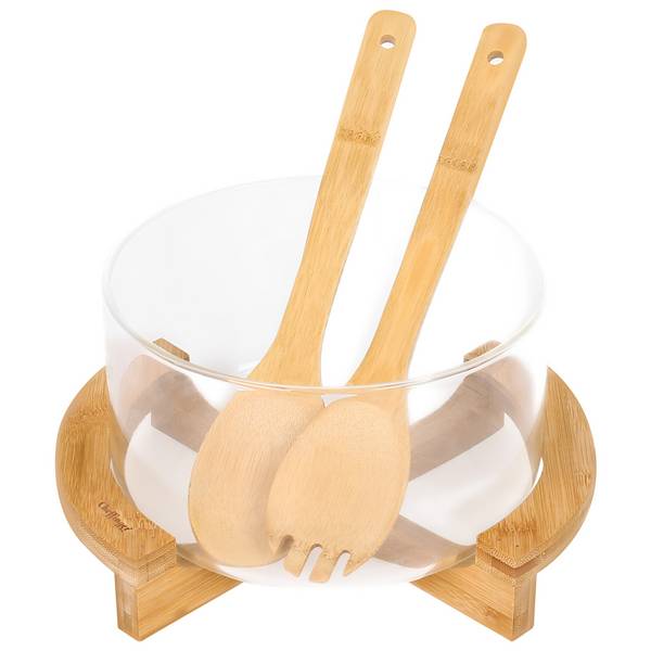Saladier en Verre Base Bambou avec Ustensiles Inclus Ultra Pratique