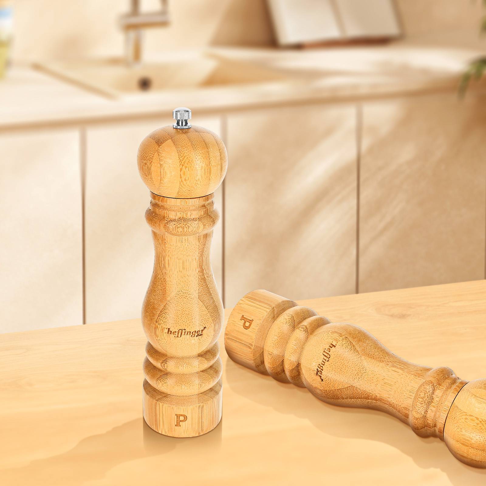 Set de 2 Moulins Sel et Poivre en Bambou naturel Broyeur Réglable-1