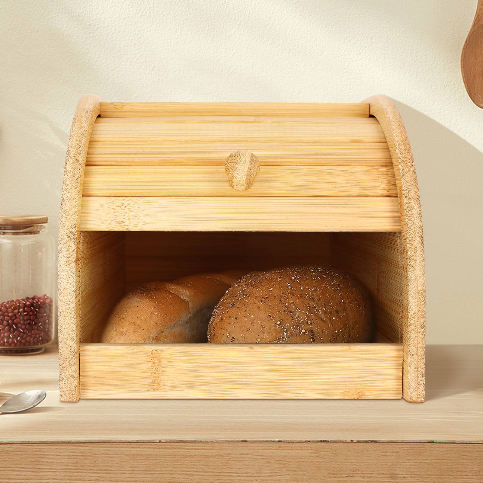 Boîte à Pain en Bambou Naturel Ouverture Coulissant Compact Ultra Pratique-1