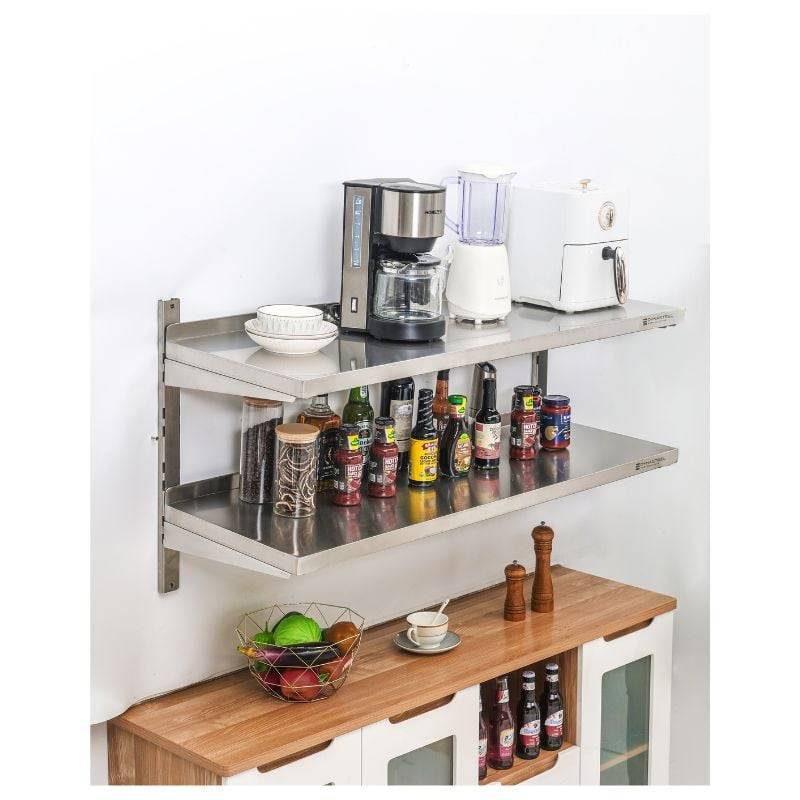 Etagère Murale en Inox sur Crémaillères 2 Niveaux - L 1200 x P 400 mm-1