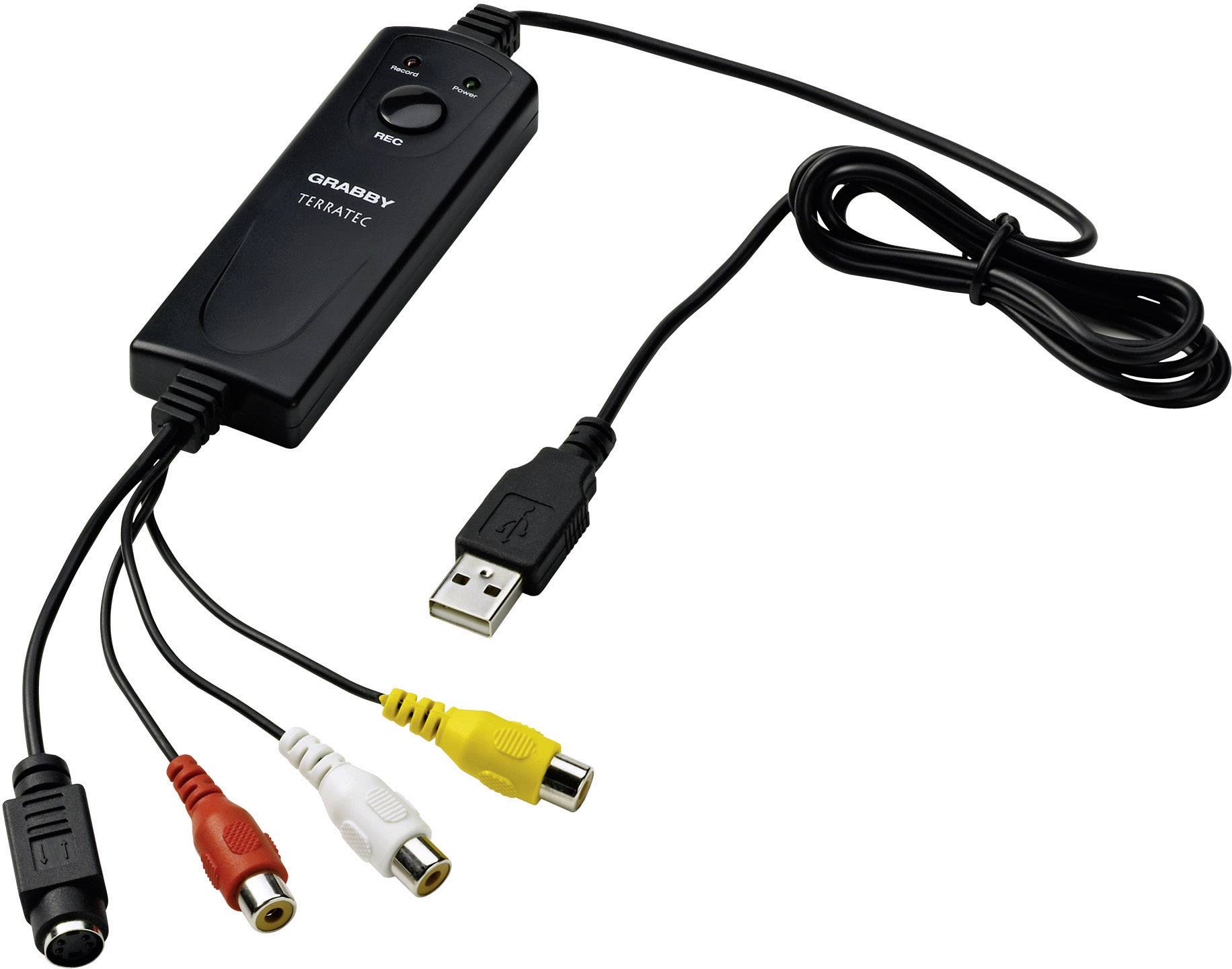 Périphérique de capture vidéo USB avec plusieurs entrées RCA pour la vidéo et l'audio. Connecteurs en rouge, blanc et jaune.