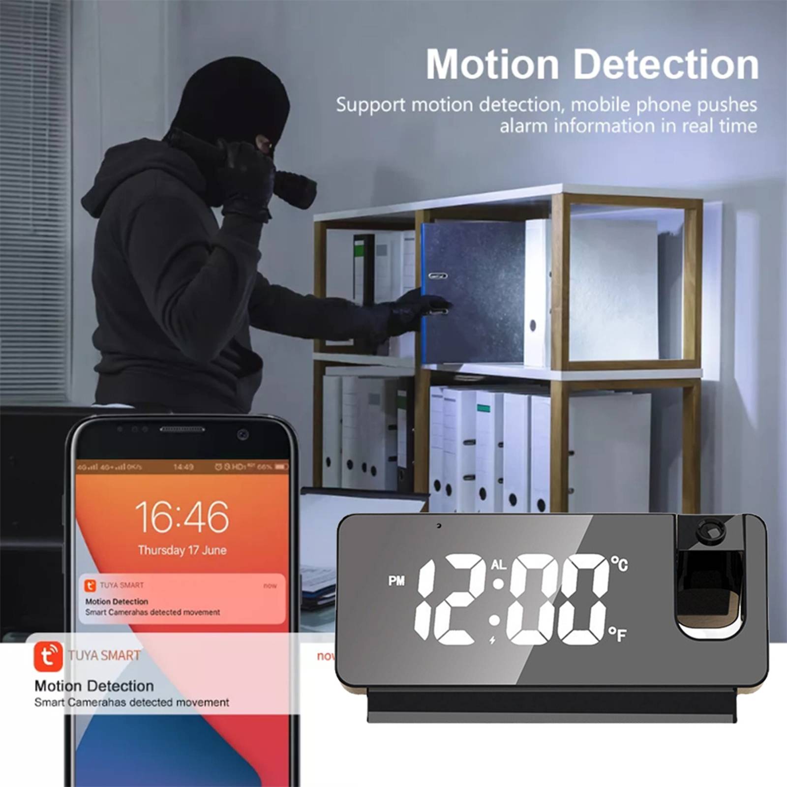Réveil Caméra WiFi HD 1080P Vision Nocturne Détection Mouvement Sécurité Maison + SD 128Go YONIS-1