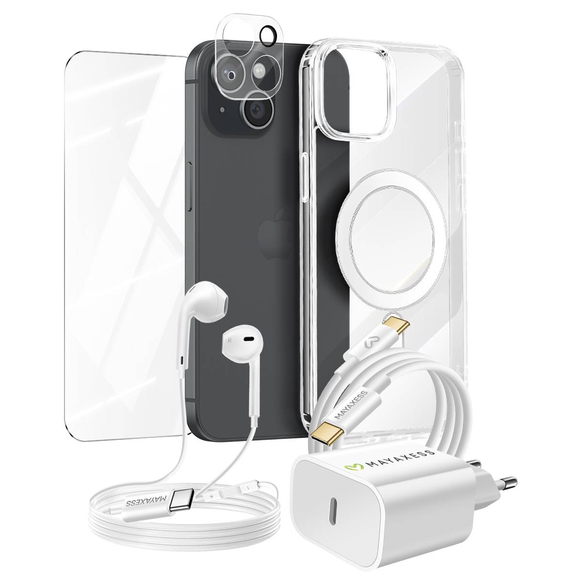 Pack Essentiel pour iPhone 15 Coque, Verre, Chargeurs, écouteurs (6 pièces)-0
