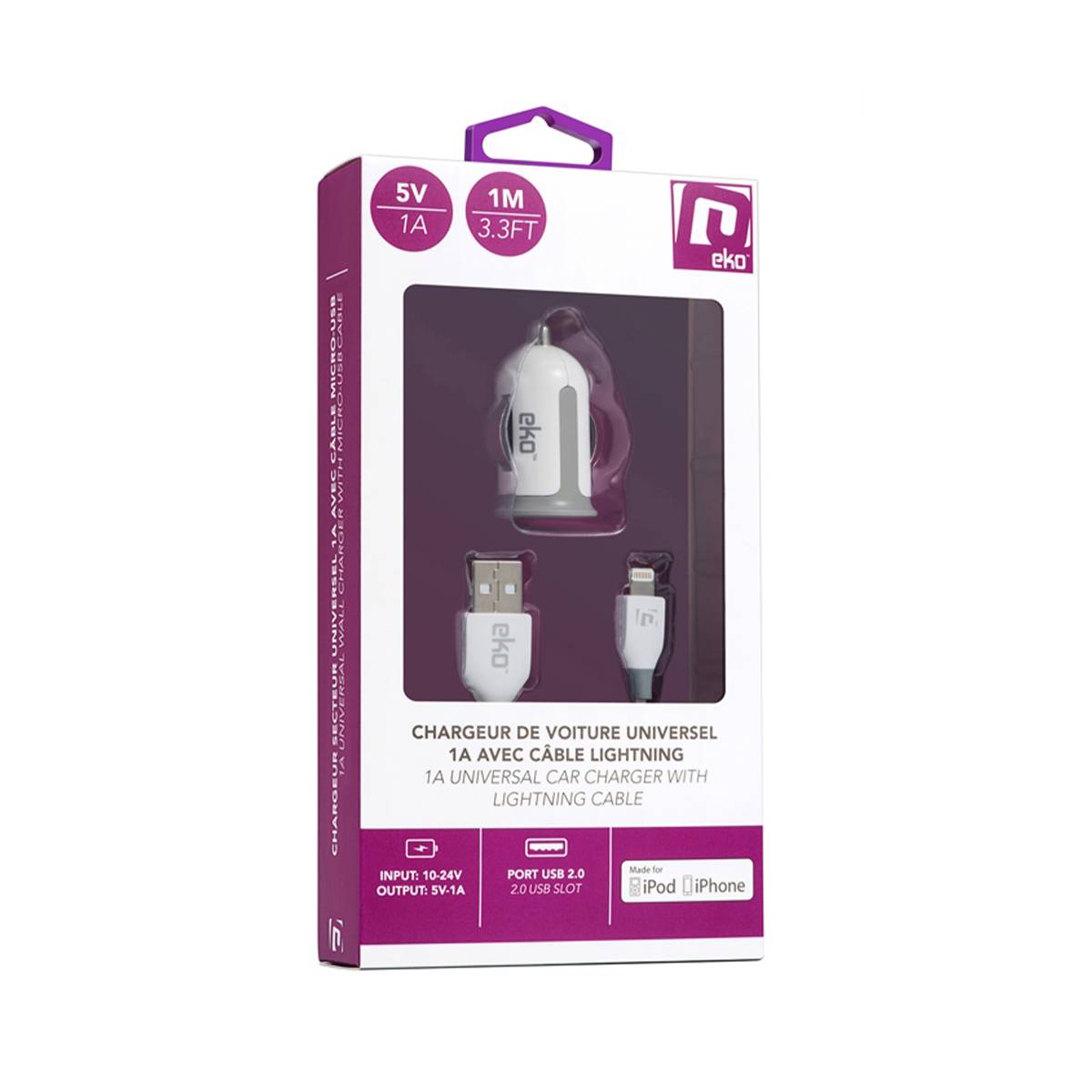 Pack Chargeur Allume Cigare 1A avec Câble Lightning MFi 1m-4
