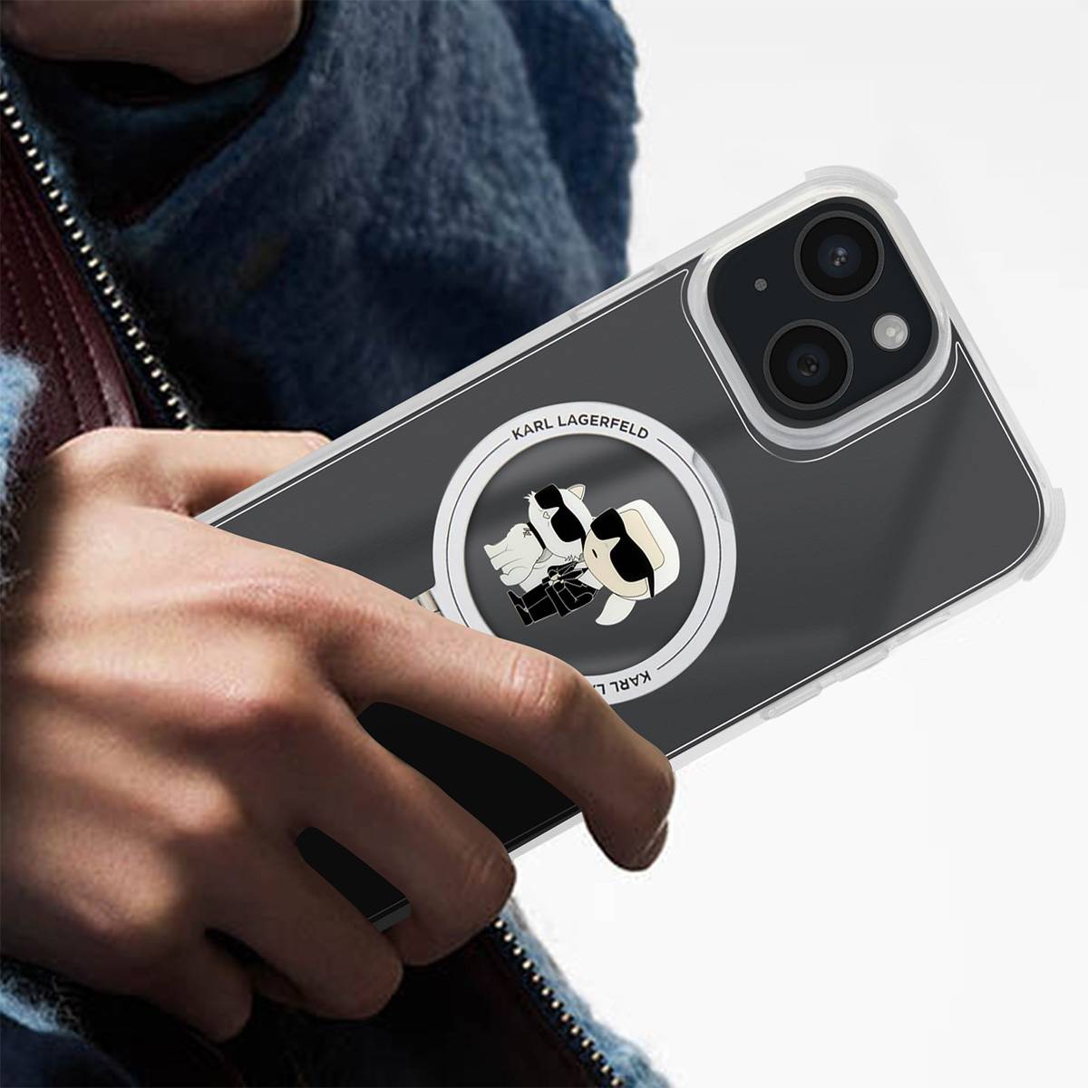 Coque Magsafe pour Apple iPhone 15 Plus TPU Ring Stand Karl et Choupette-3