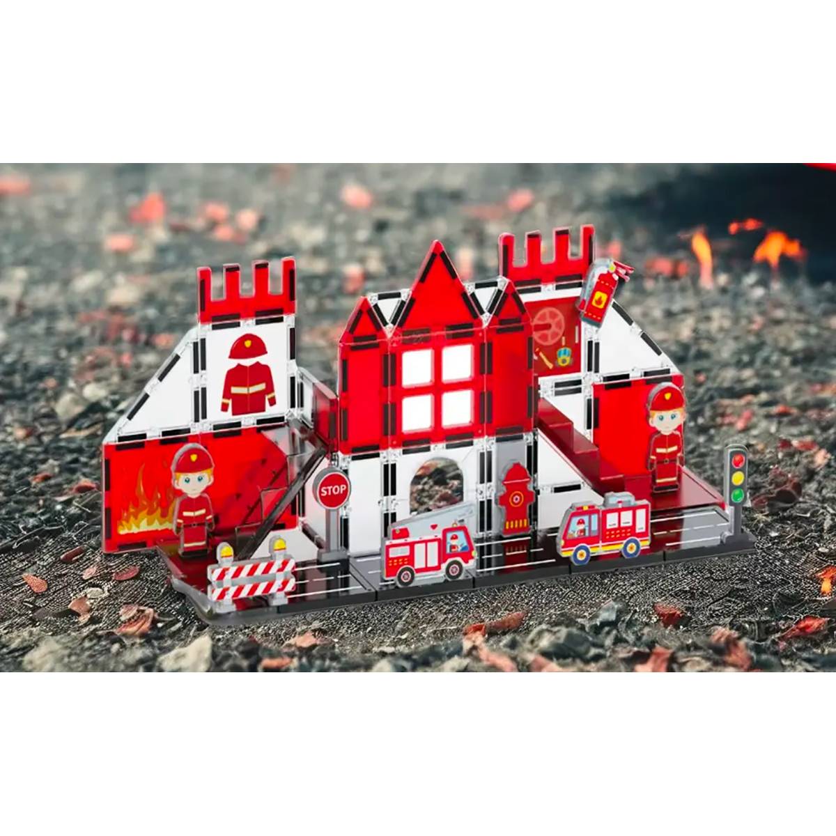 Jeu Construction Magnétique pour Enfant Thème Pompier 48 pièces Solide-1
