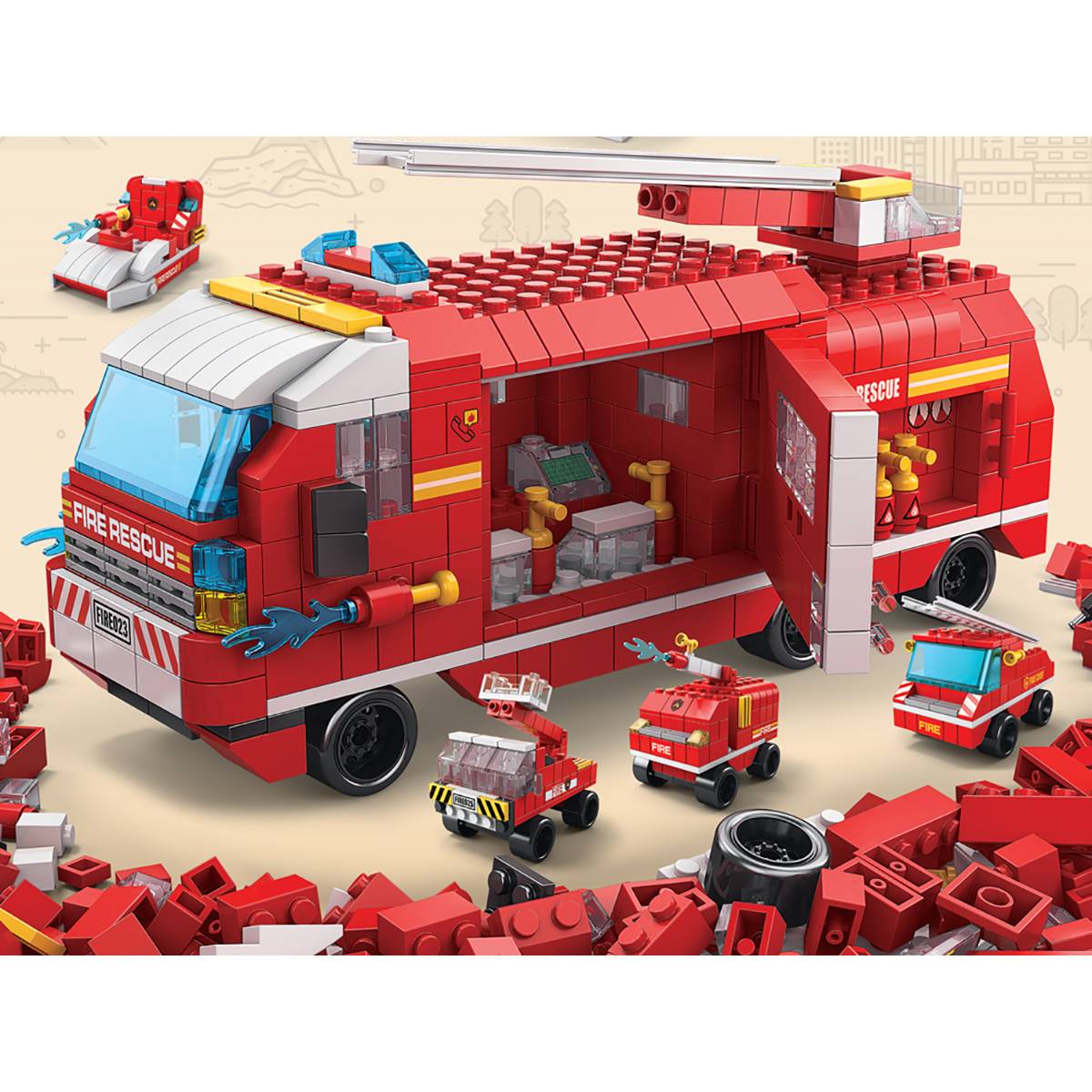 Jeu de Construction 6 en 1 Thème Pompiers 1000 Briques Assemblable-2