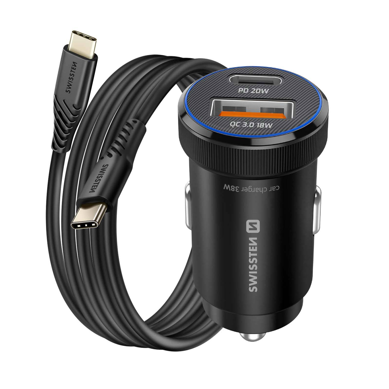 Chargeur Voiture USB-C 20W / USB-A QC 3.0 18W avec Câble USB-C 60W-0